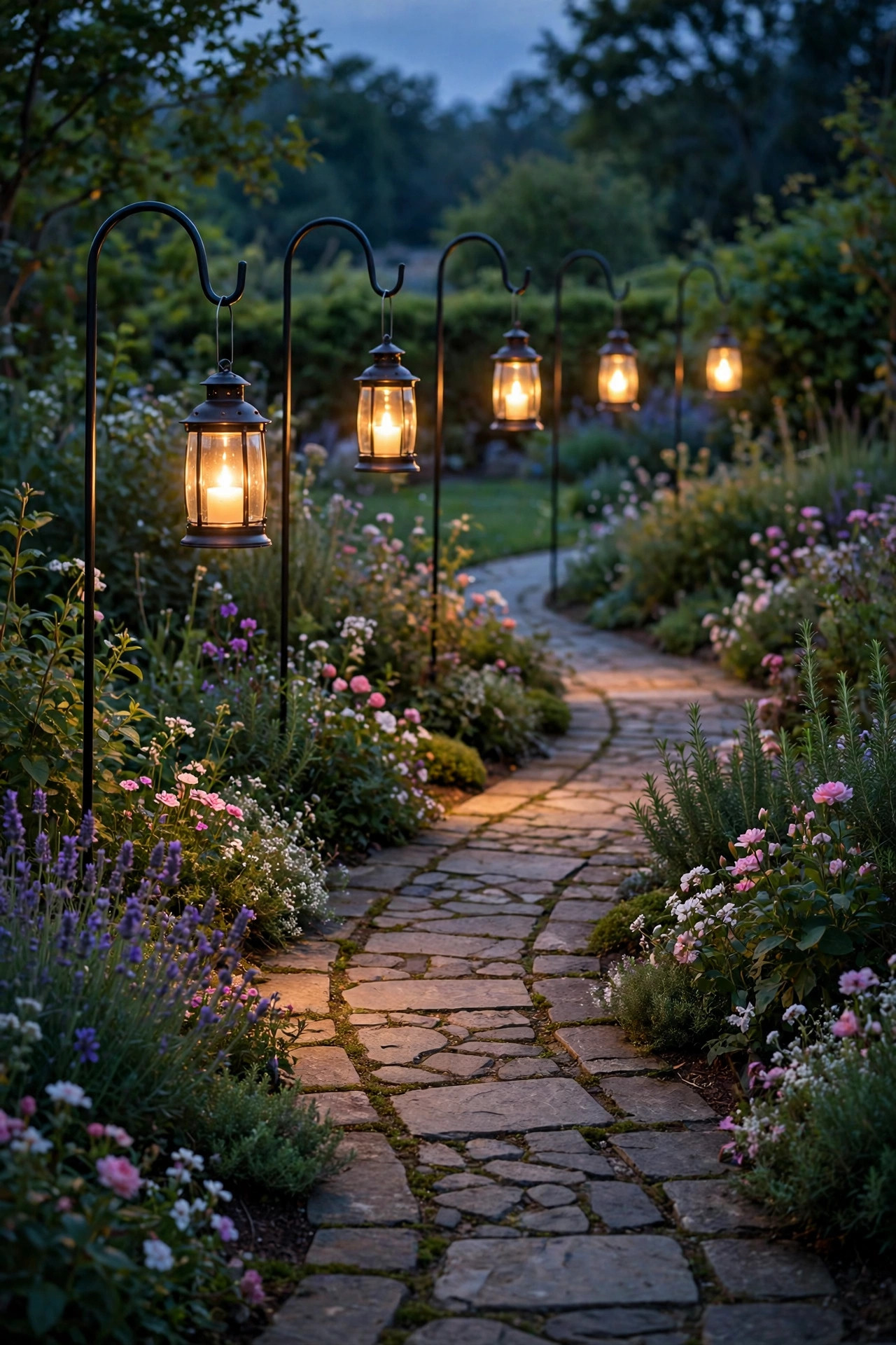 Lantern lights hanging from black shepherd's hooks over a curved stone walkway bordered by flowering plants at twilight