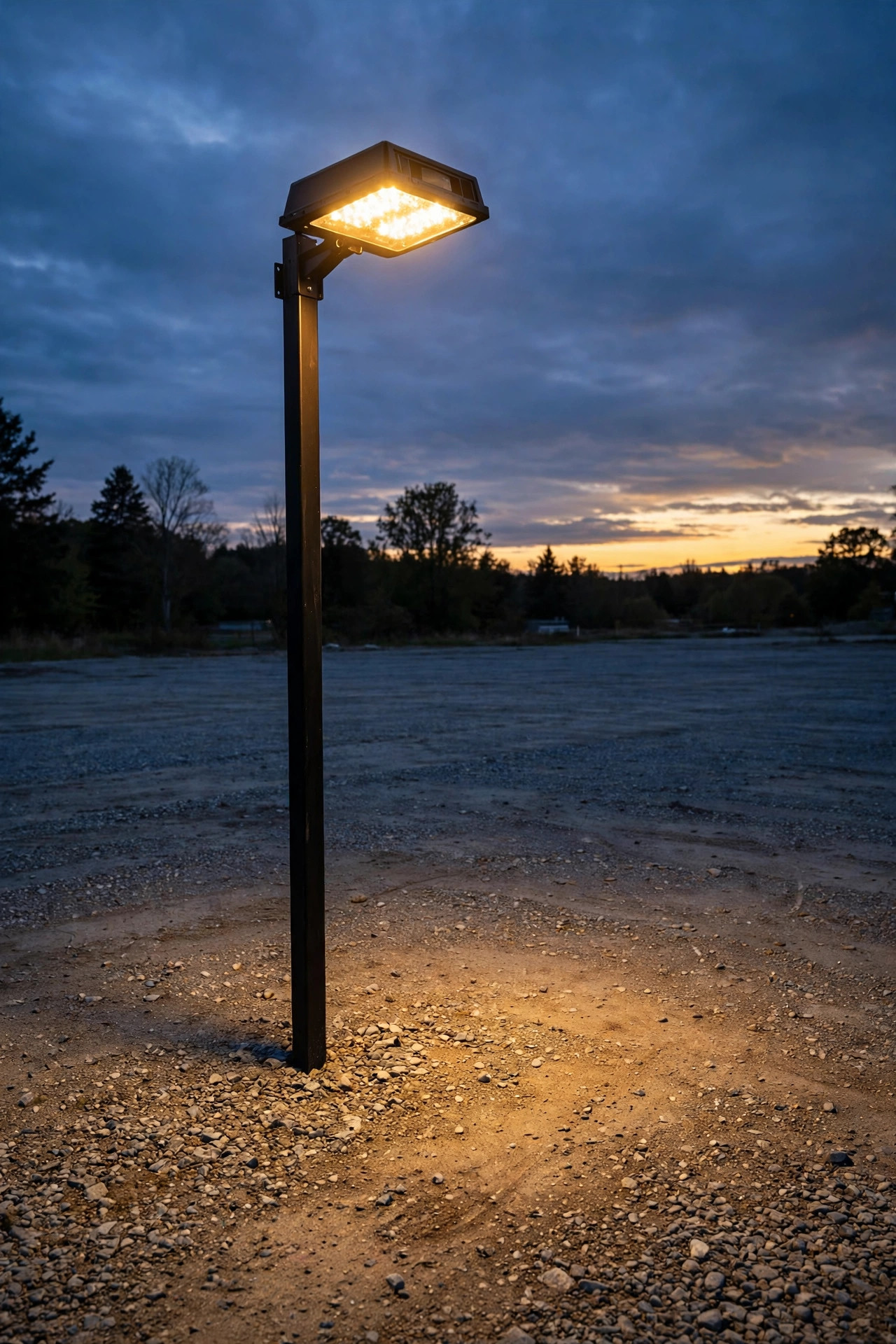 Shoebox area light on a tall pole illuminating a wide gravel parking lot at dusk