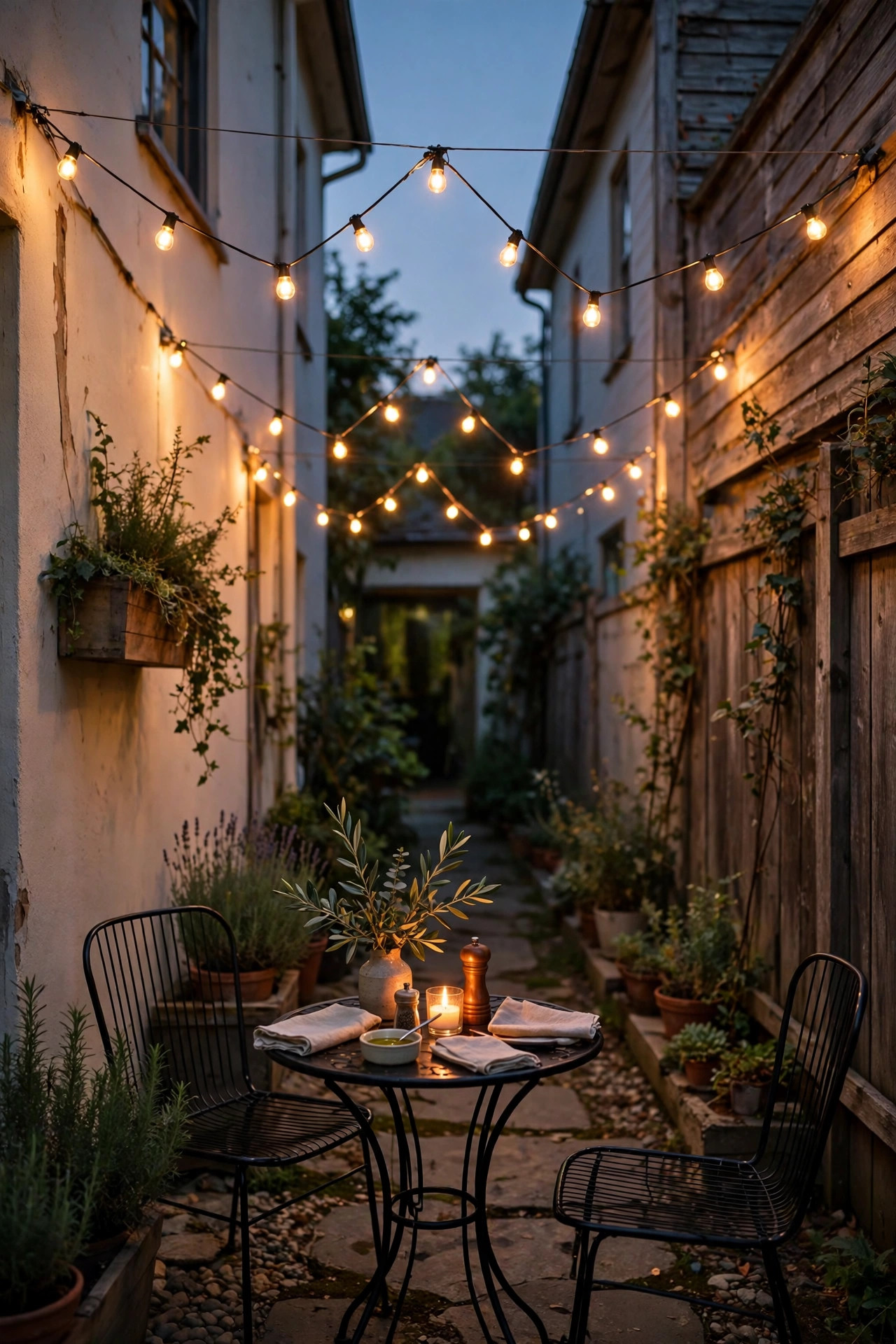 String lights in a zigzag pattern over a small bistro table in a narrow side yard at dusk