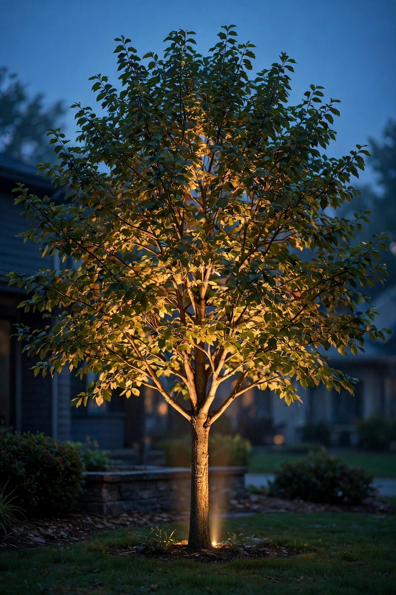 Single front yard tree softly uplit with a narrow warm beam contained within the canopy