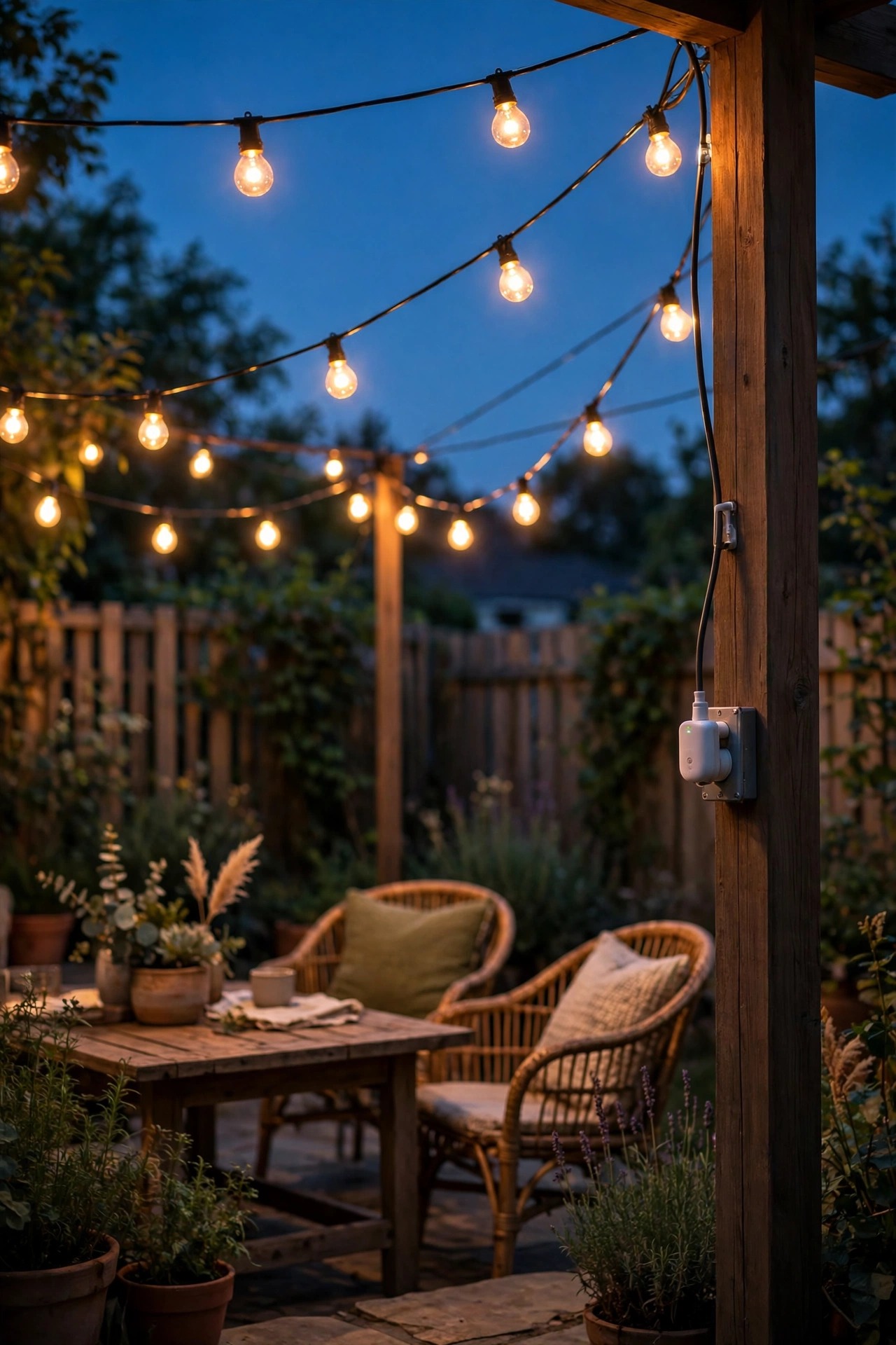 Outdoor smart plug controlling classic warm string lights over a backyard patio at dusk