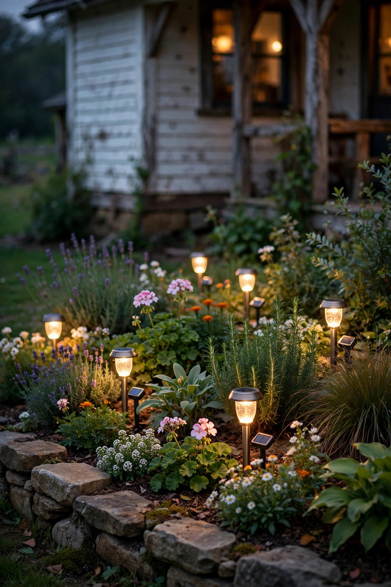 Warm solar stake lights glowing softly among flowers and greenery in a farmhouse front garden bed at dusk