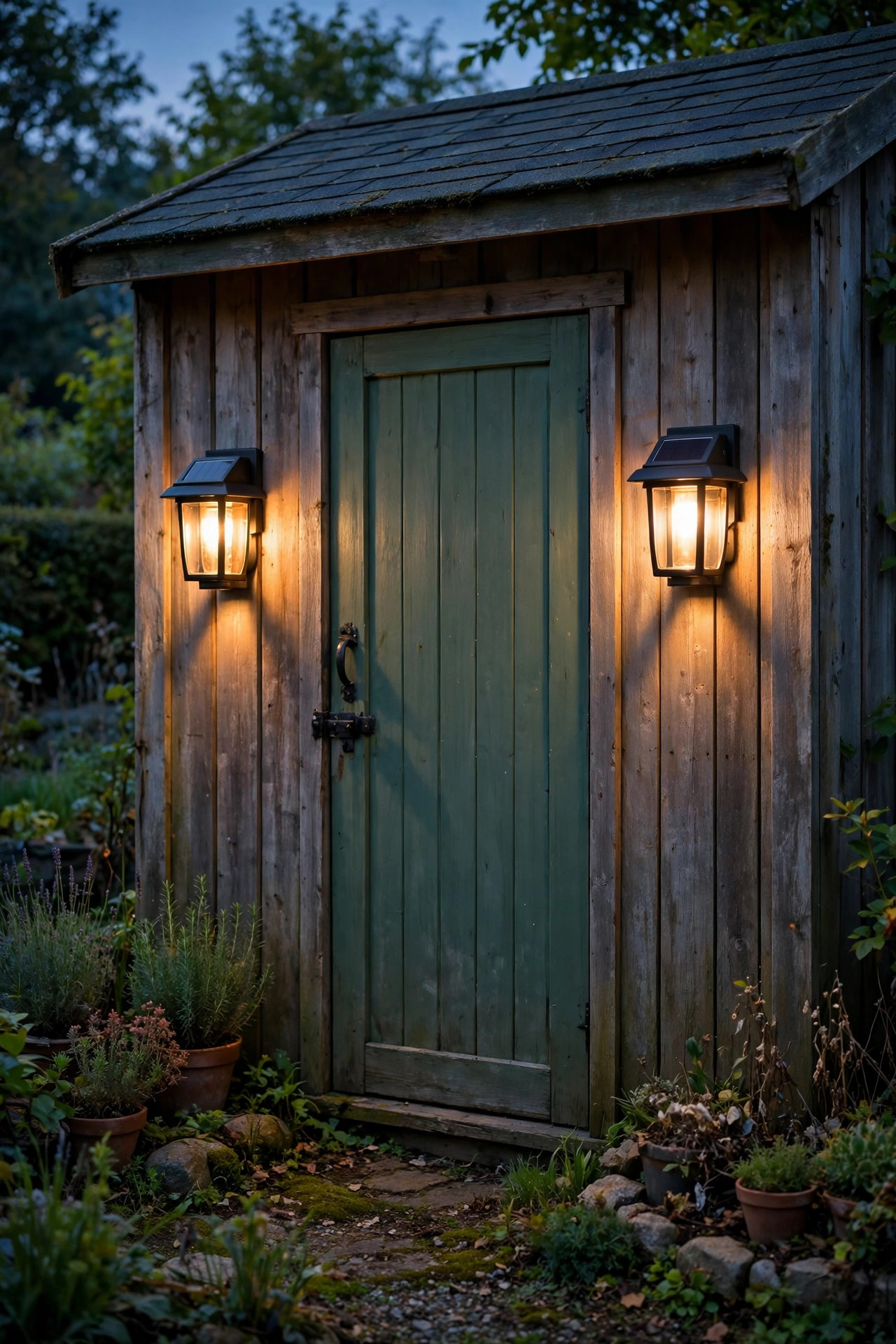 Pair of warm solar sconces flanking the door of a garden shed at dusk