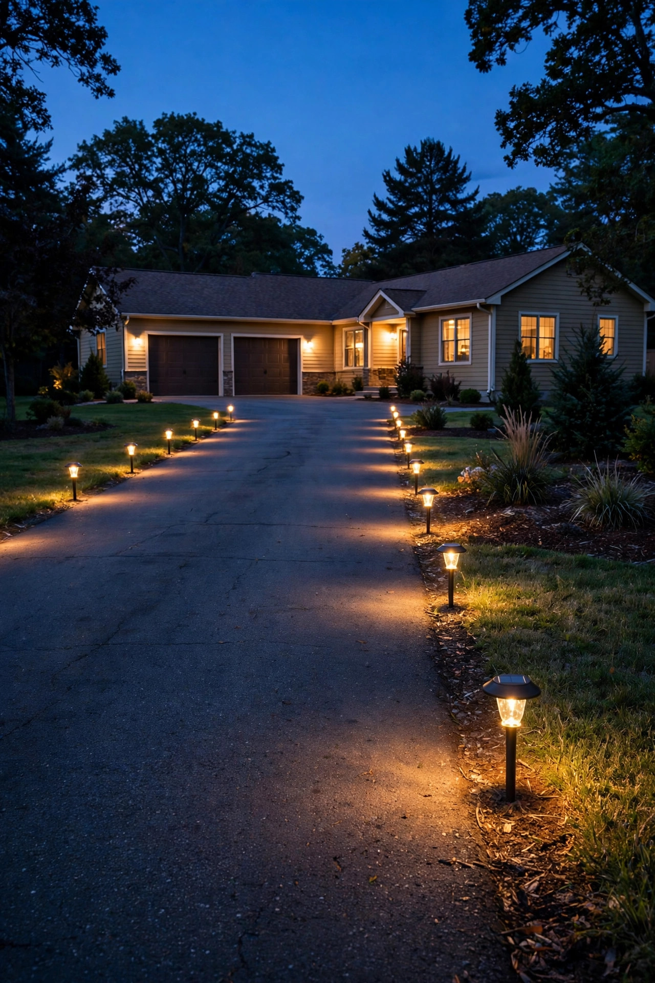 Solar stake lights tracing the edge of a long ranch home driveway at dusk