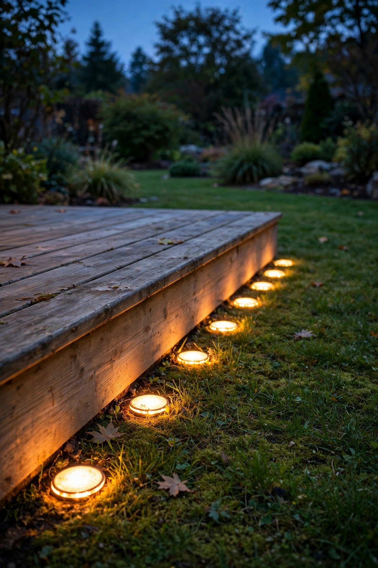 Flush solar disk lights glowing in the lawn along the edge of a ground level deck at dusk