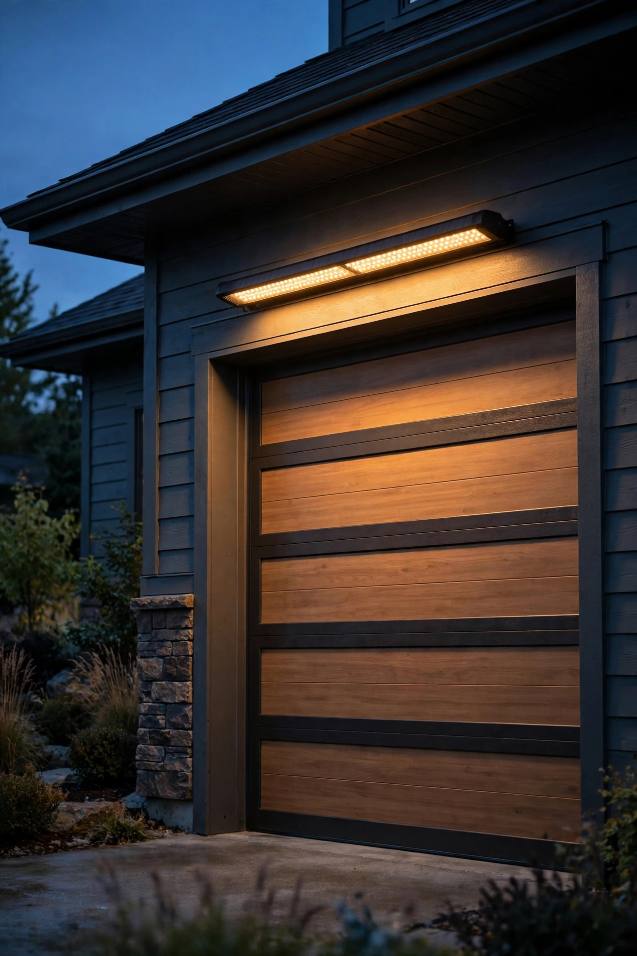 Solar light bar mounted above a garage door glowing warmly with no visible wiring
