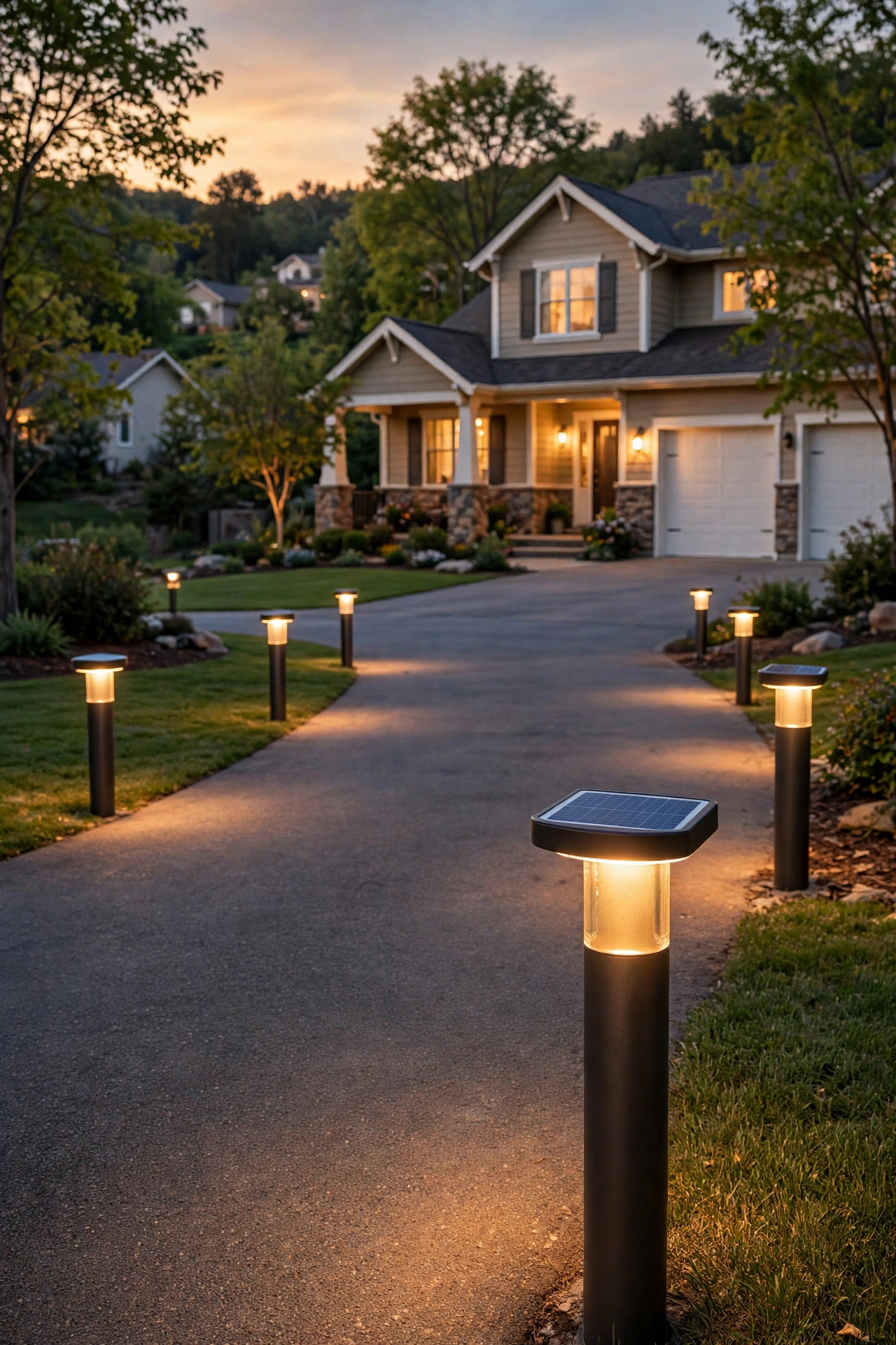Solar driveway bollard lights glowing along a sunny suburban driveway at dusk