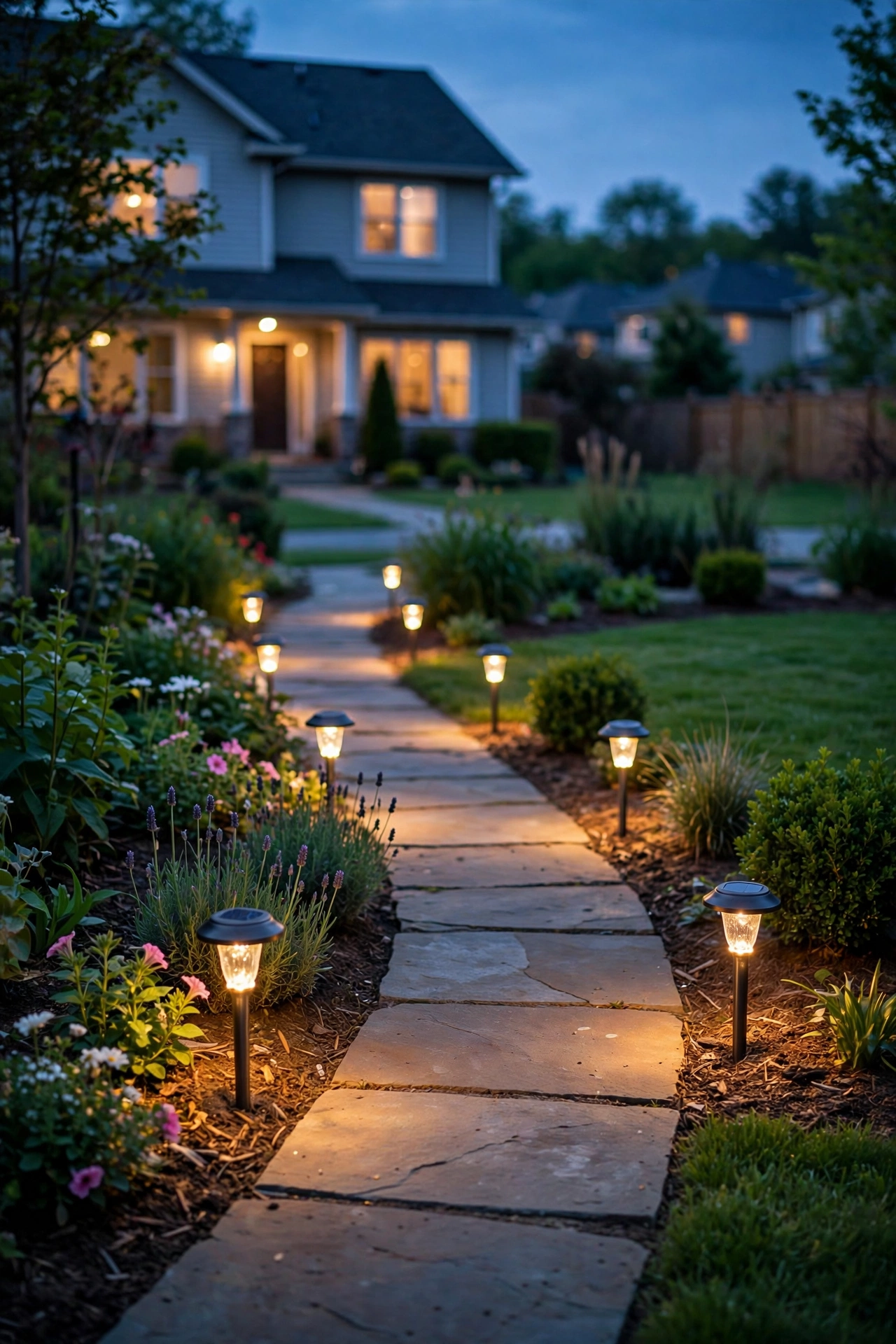 Homeowner installing solar path lights along a garden walkway at dusk