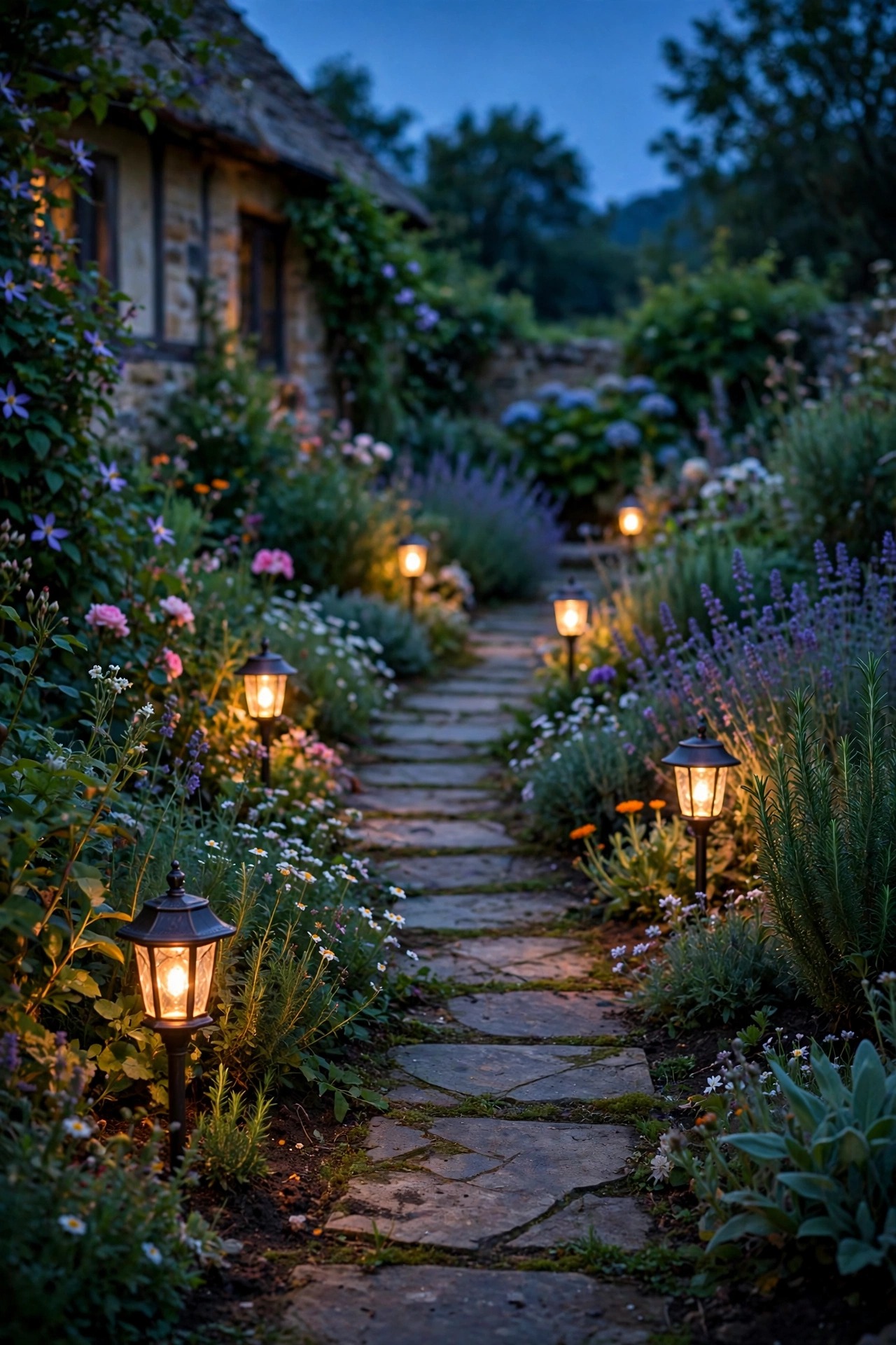 Solar carriage-lantern stakes staggered along a cottage garden path, glowing warm at dusk