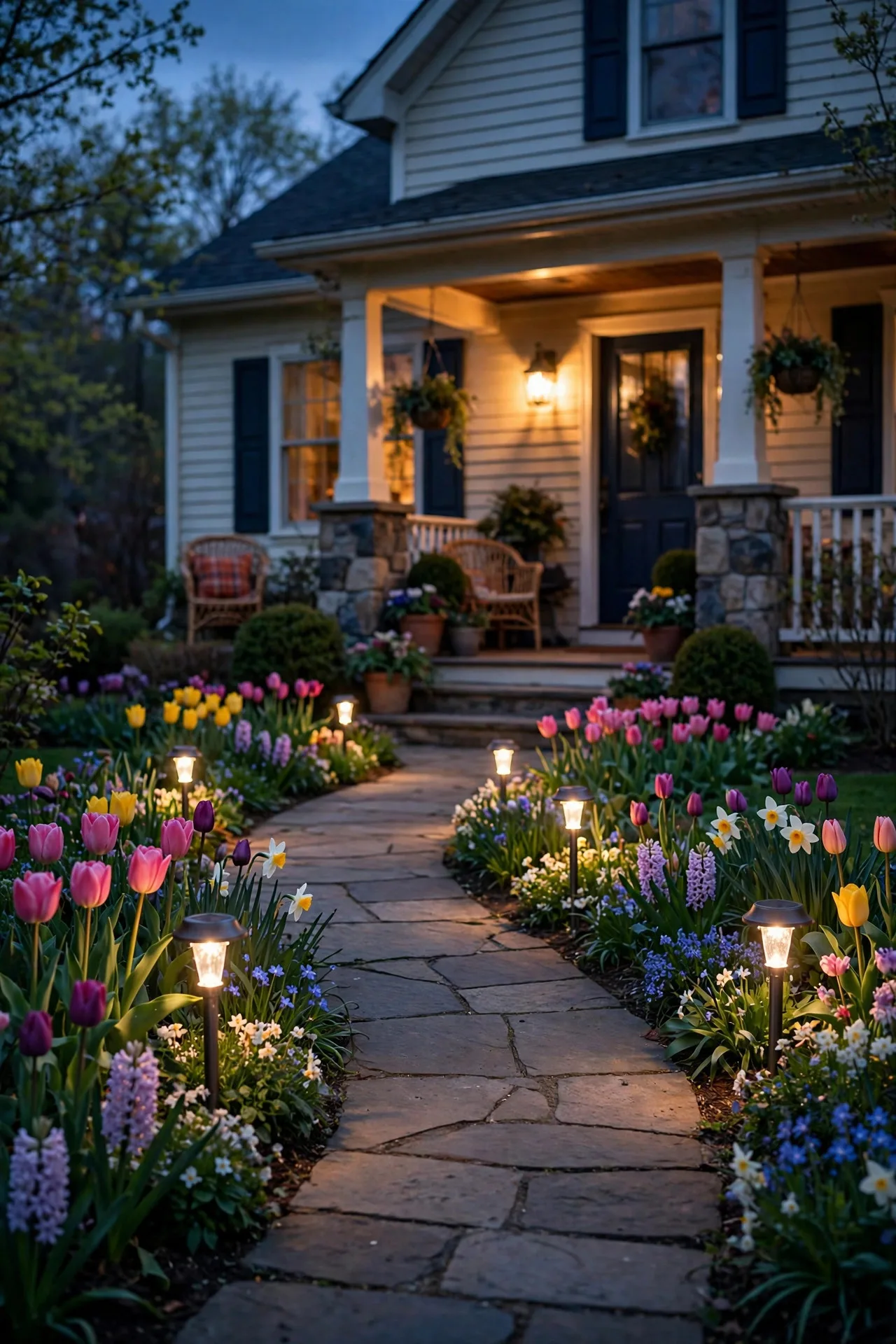 Warm solar path lights glowing along a walkway lined with spring flowers at dusk