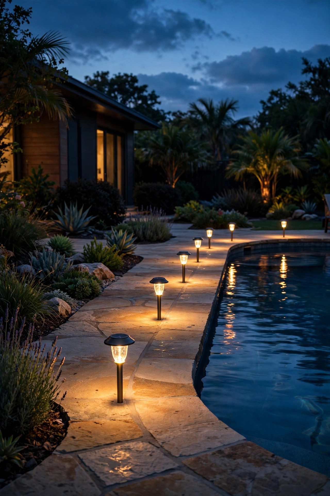 Solar path lights glowing along the edge of a pool deck at night marking the walkway