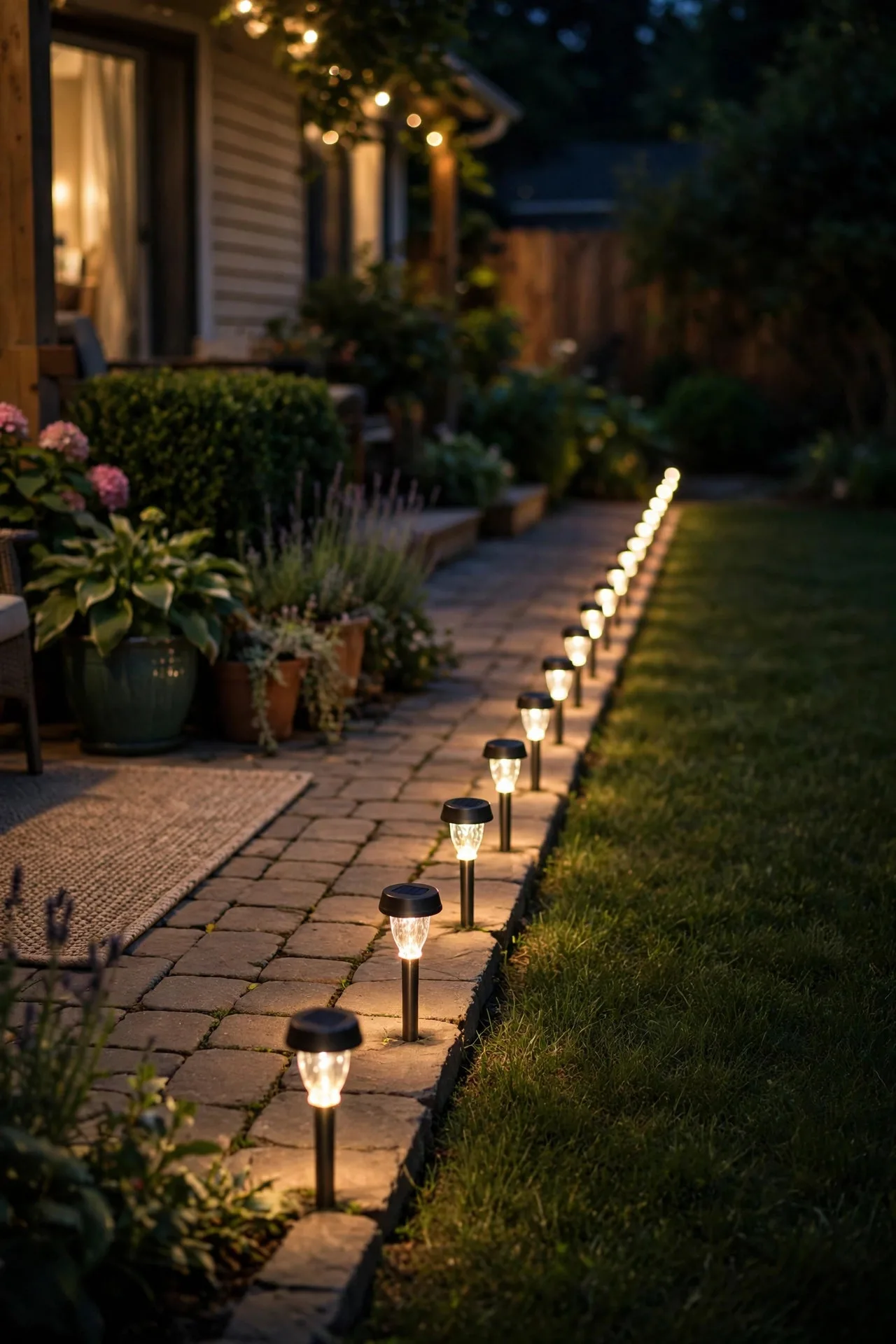 Solar path lights glowing along the edge of a summer patio at night