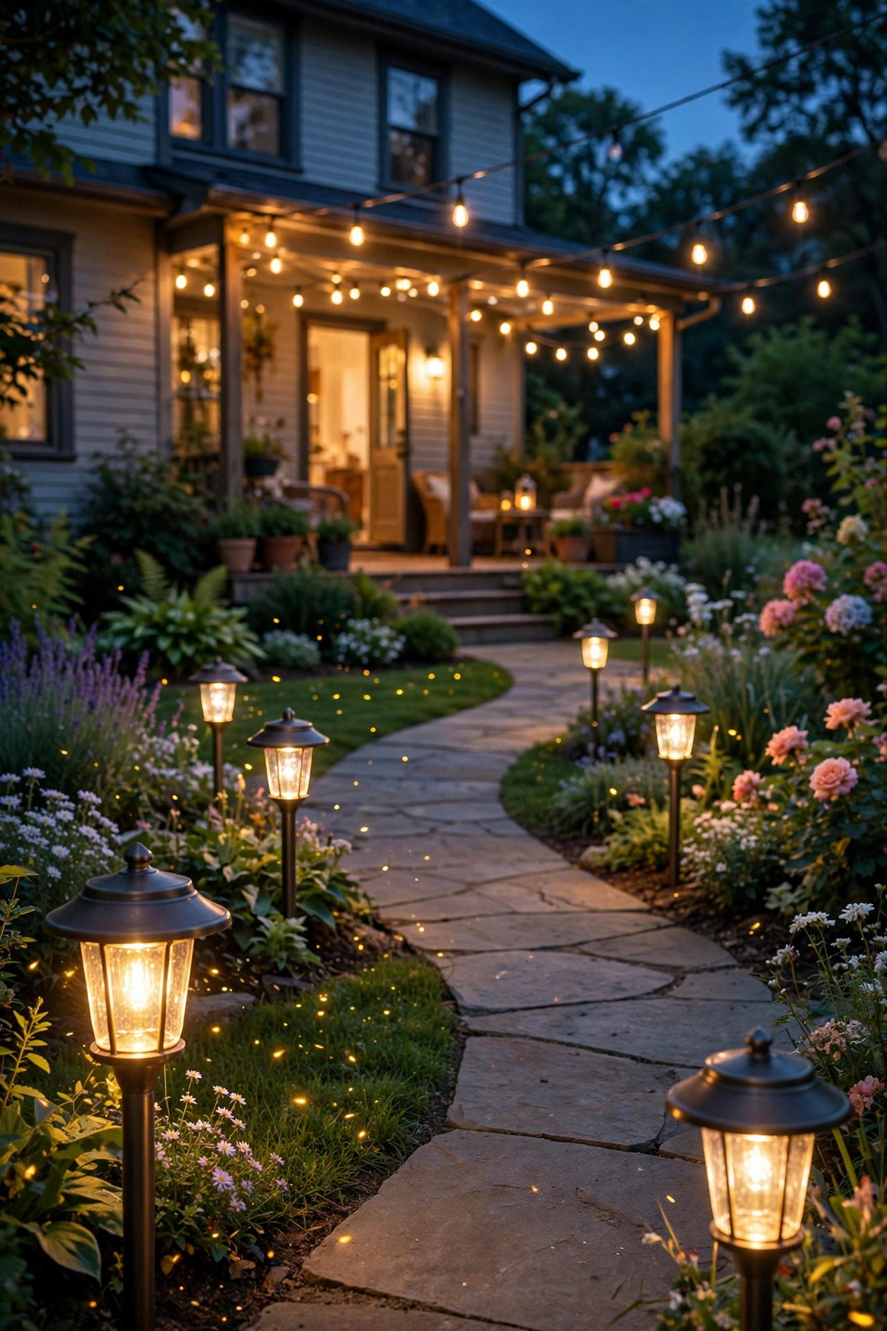 Solar pathway light stakes glowing along a garden path leading from a back porch