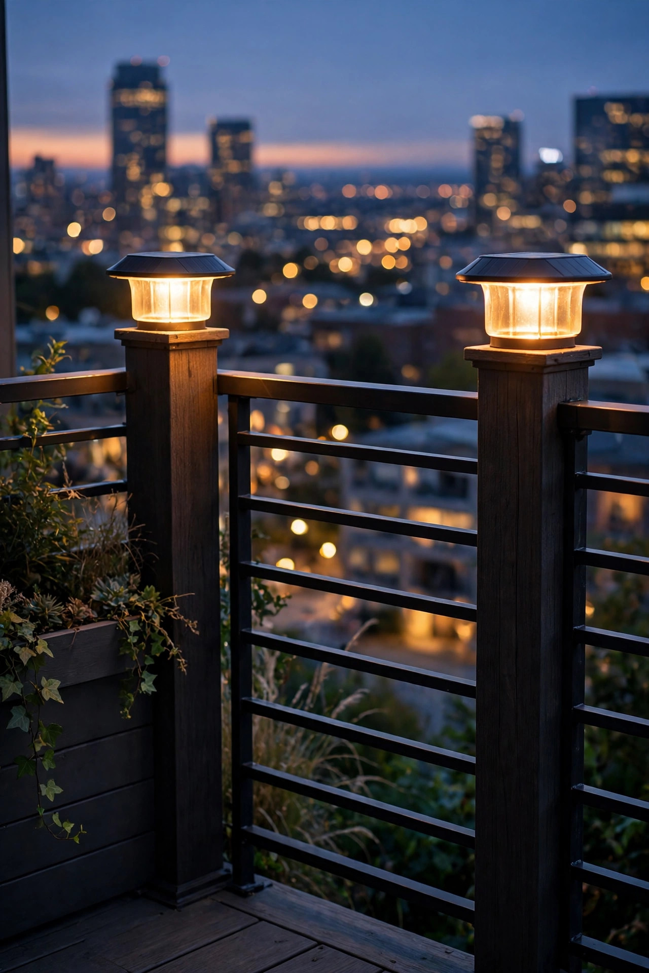 Solar post cap lights glowing on the corner posts of a balcony railing at dusk with the city lights behind