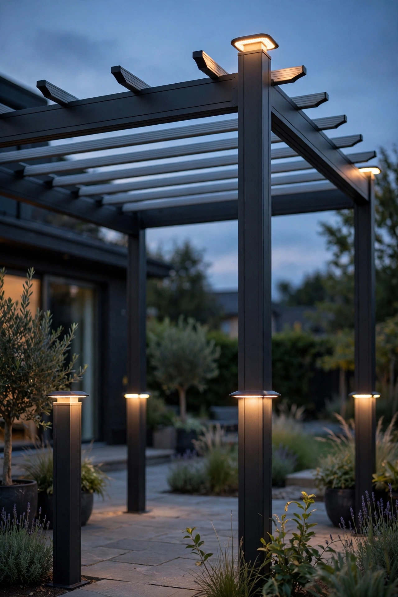 Low-profile solar cap lights glowing on the four corner posts of a modern aluminum pergola in the early evening