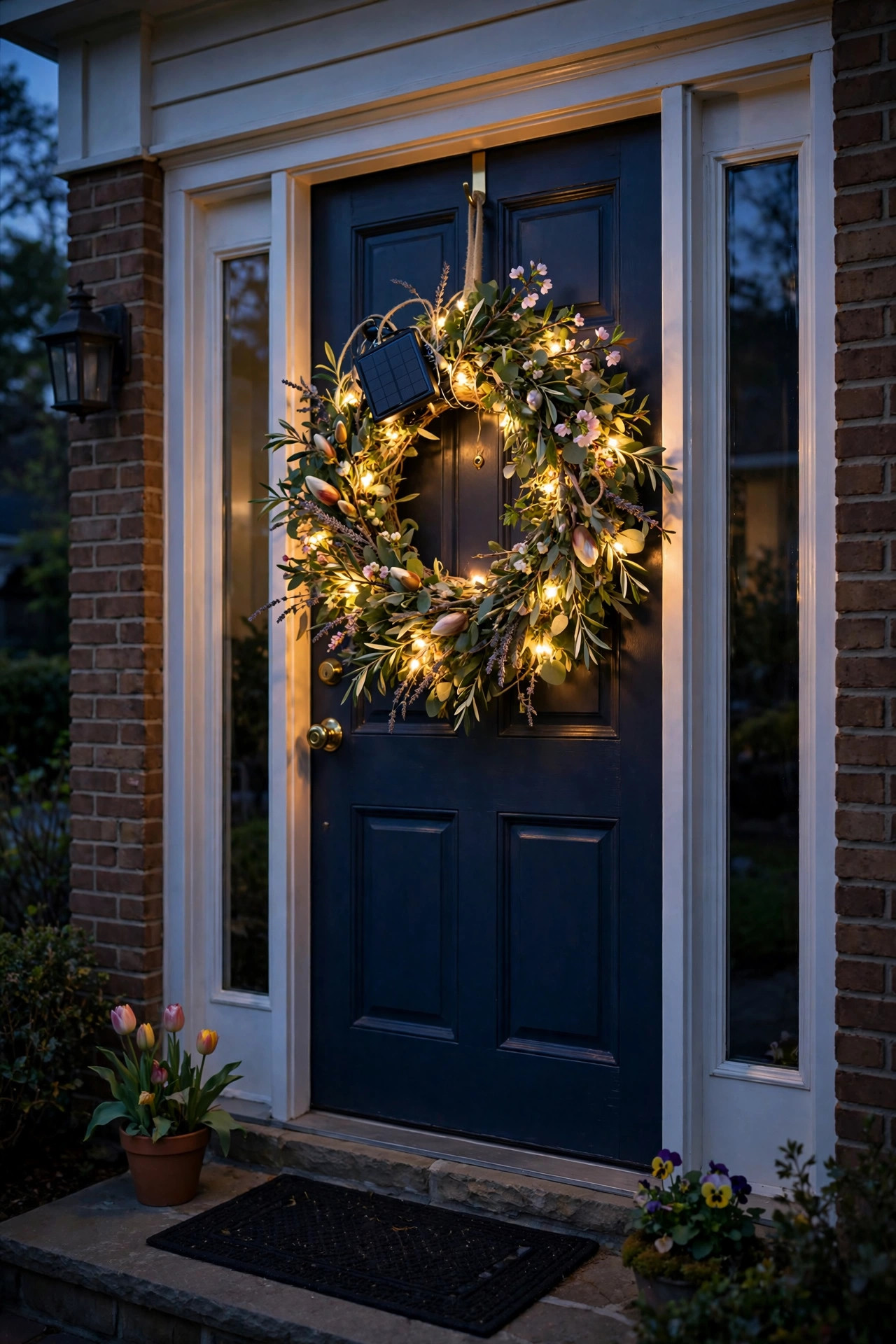 Solar prelit spring wreath with built-in lights glowing on a front door at night