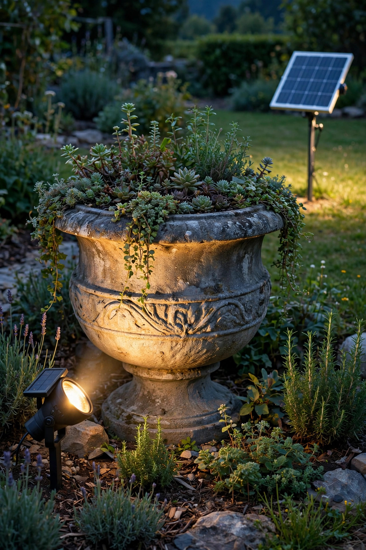 Solar spotlight aimed at a large stone garden urn at dusk, separate solar panel staked in a sunny spot nearby