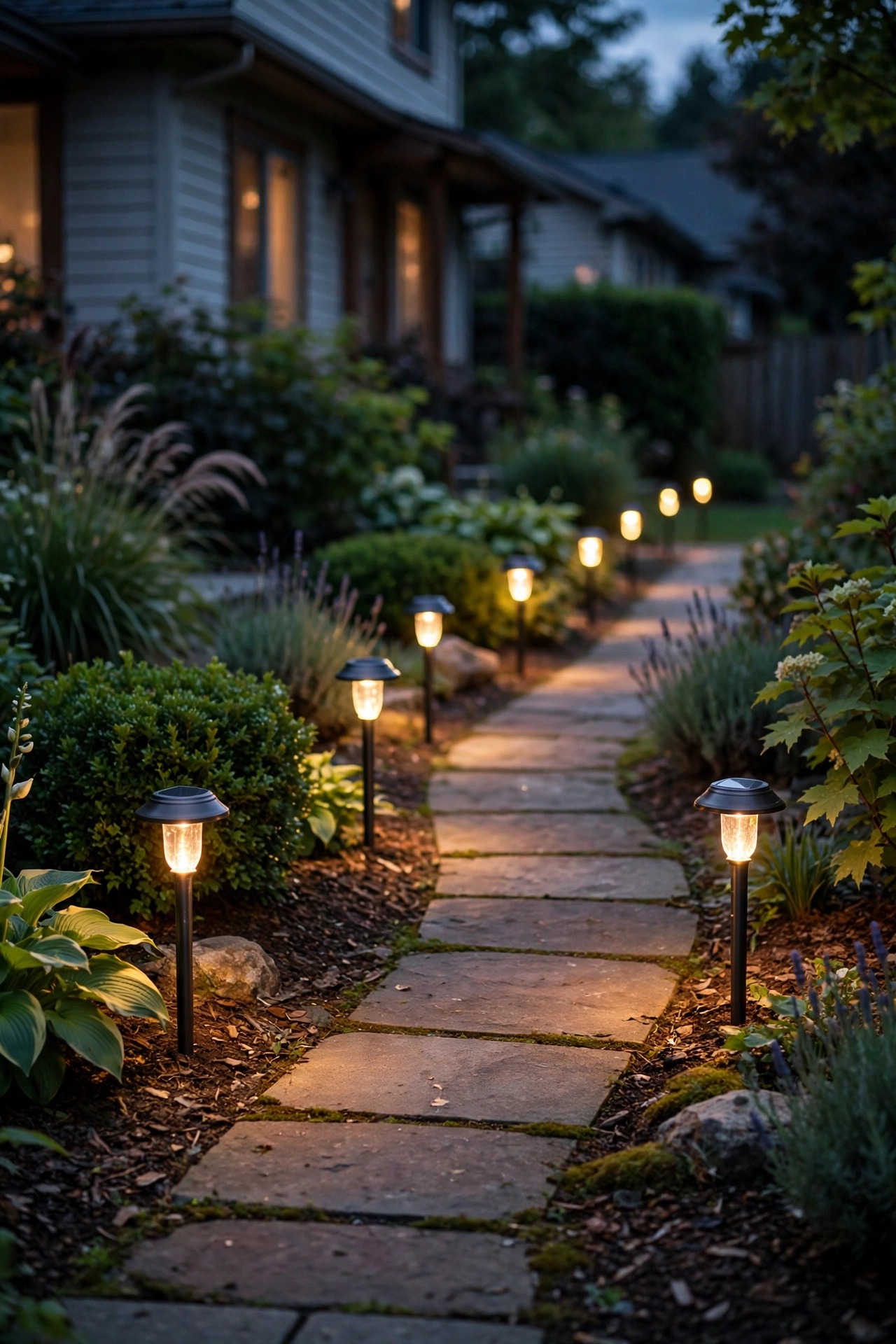 Row of solar stake path lights glowing warmly along a front walkway at dusk in a suburban garden