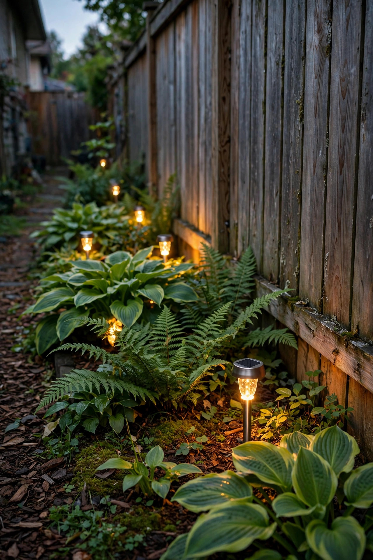 Small solar stake lights glowing inside hosta and fern plantings along a fence in a narrow side yard