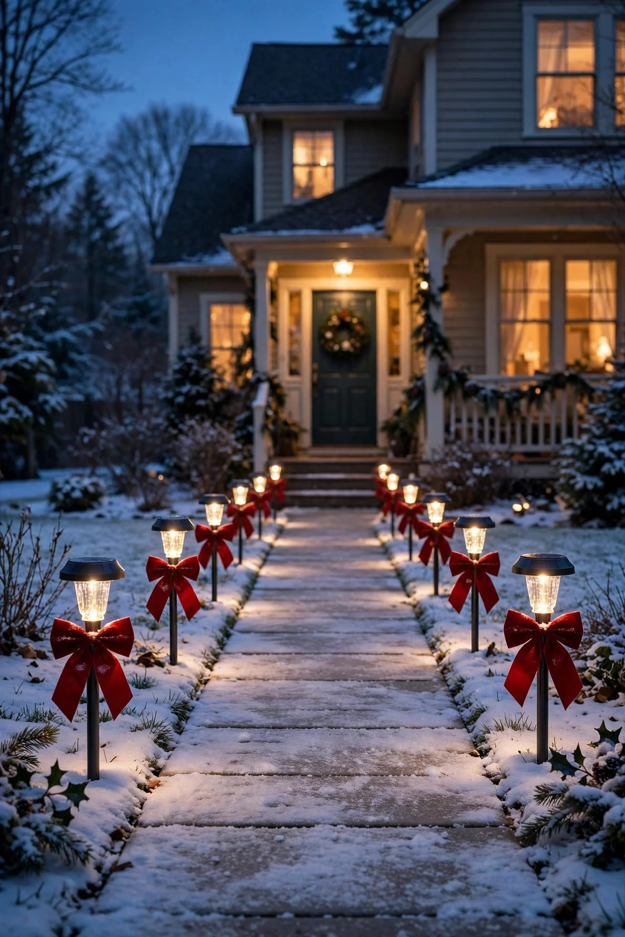 Warm white solar path lights with red velvet bows lining a snowy front walkway at dusk