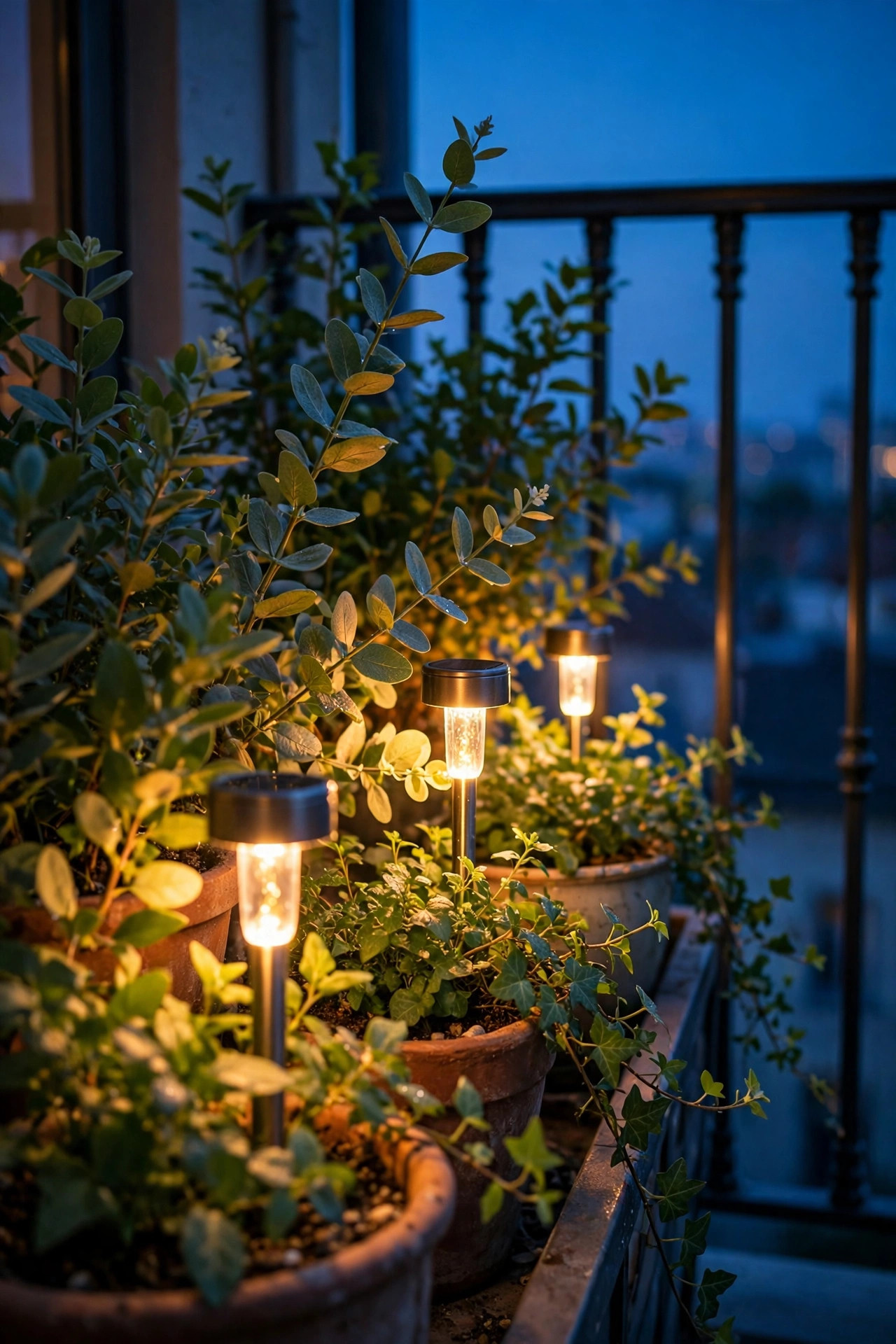 Short solar stake lights glowing in balcony planters at dusk, light grazing green leaves