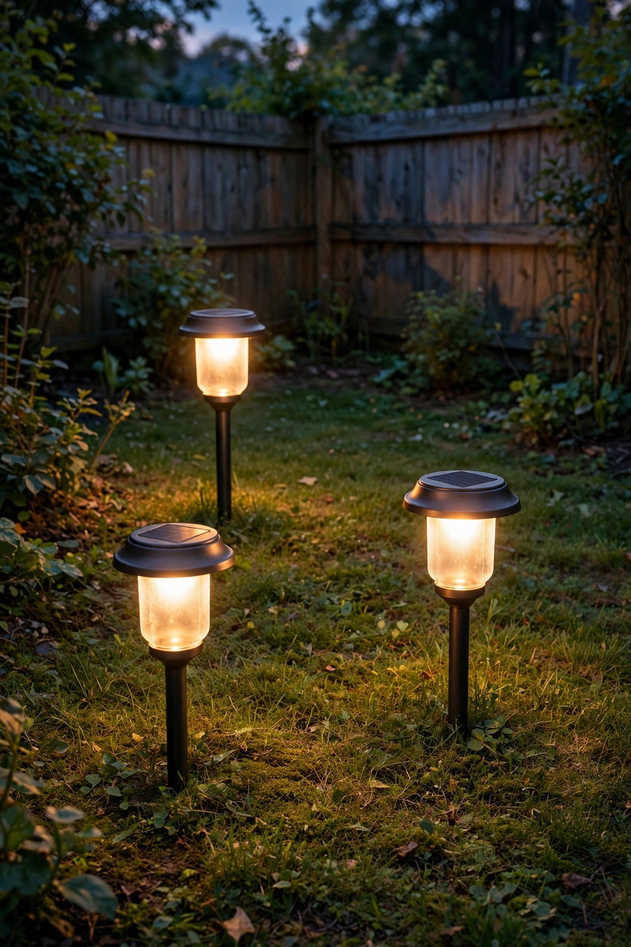 Three warm solar path lights arranged in a triangle formation in a grassy backyard corner at dusk