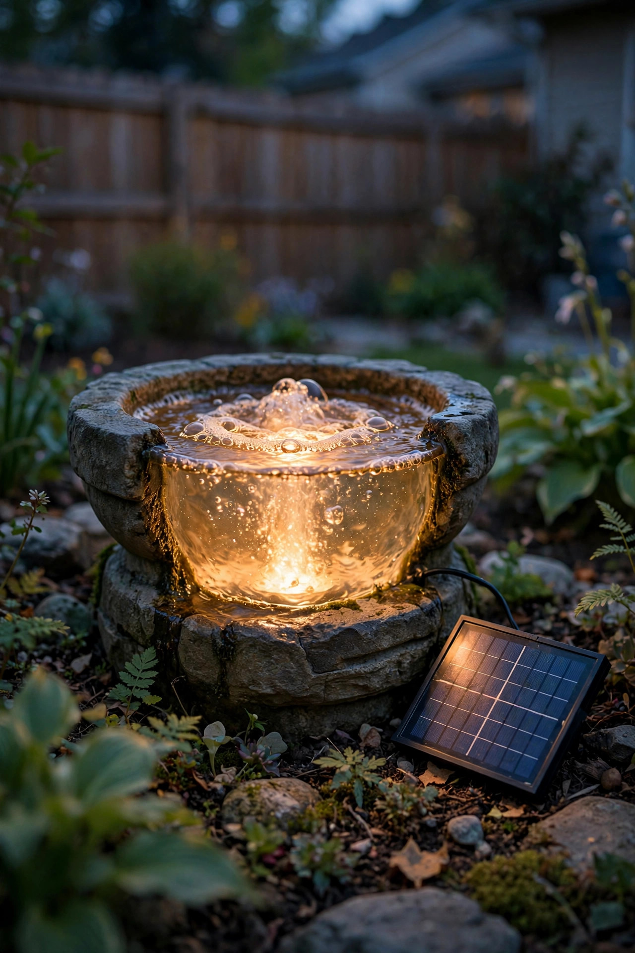solar powered submersible light glowing in a small garden fountain