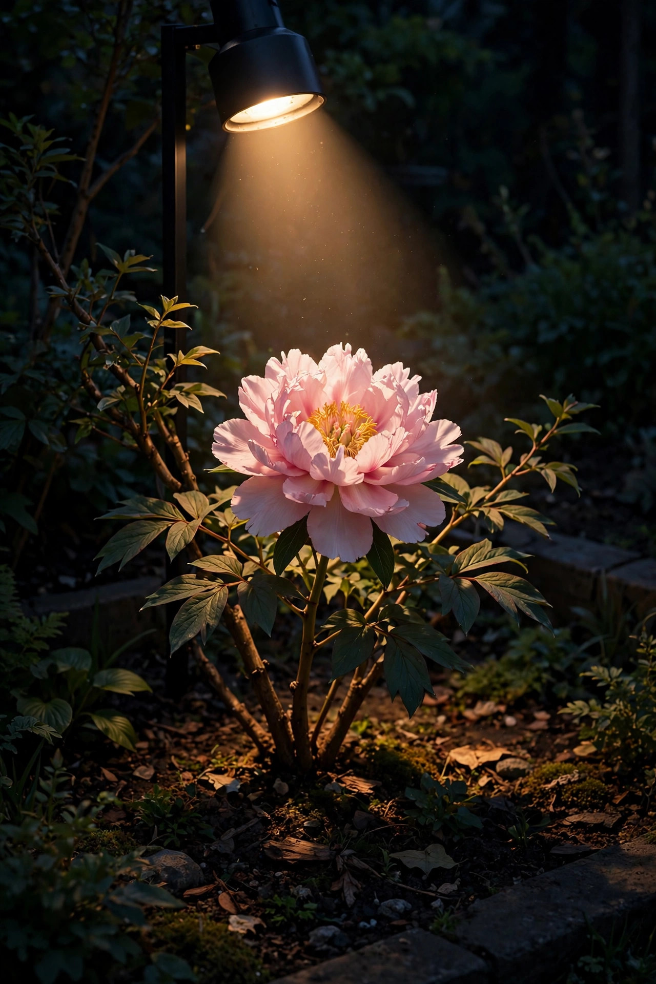 A single spotlight illuminating a blooming tree peony as a focal point in a dark garden bed
