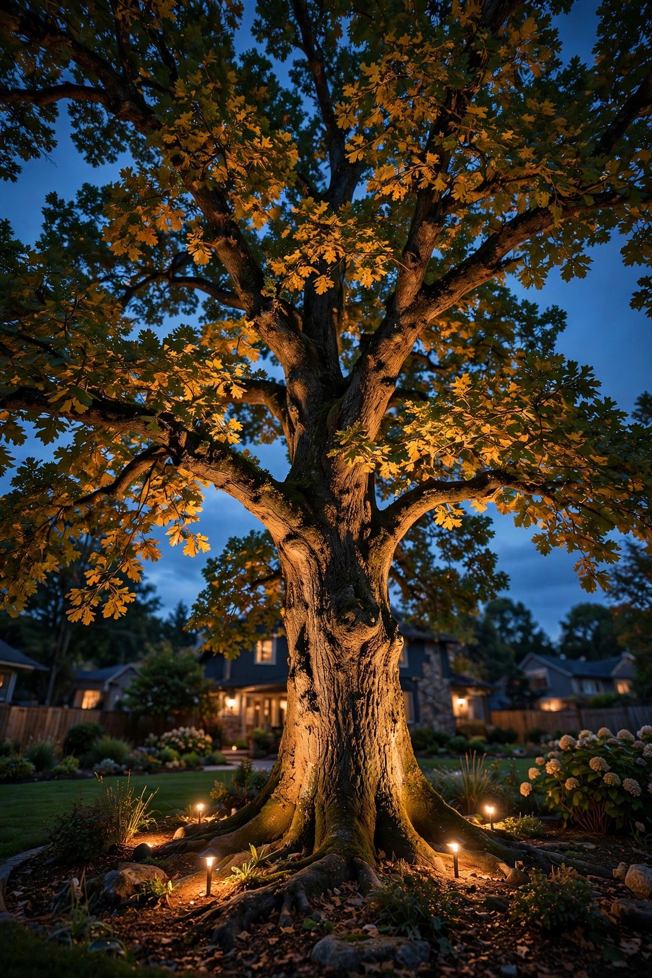 A large oak tree in a front yard dramatically uplit from below, its canopy glowing warm against the evening sky