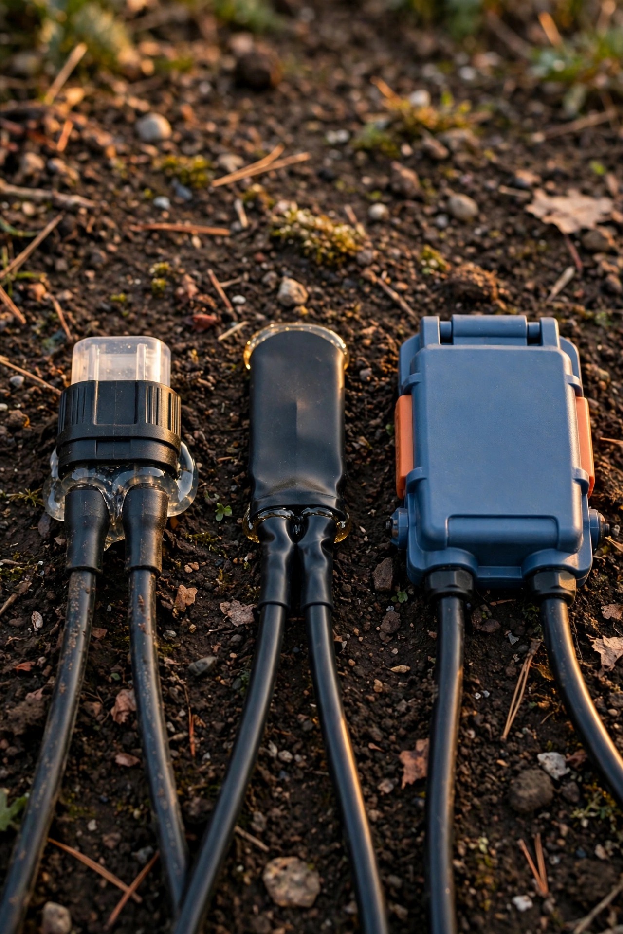 Three landscape lighting cable splice types side by side on dark soil: gel-filled connector, heat-shrink butt splice, and a direct-burial splice housing