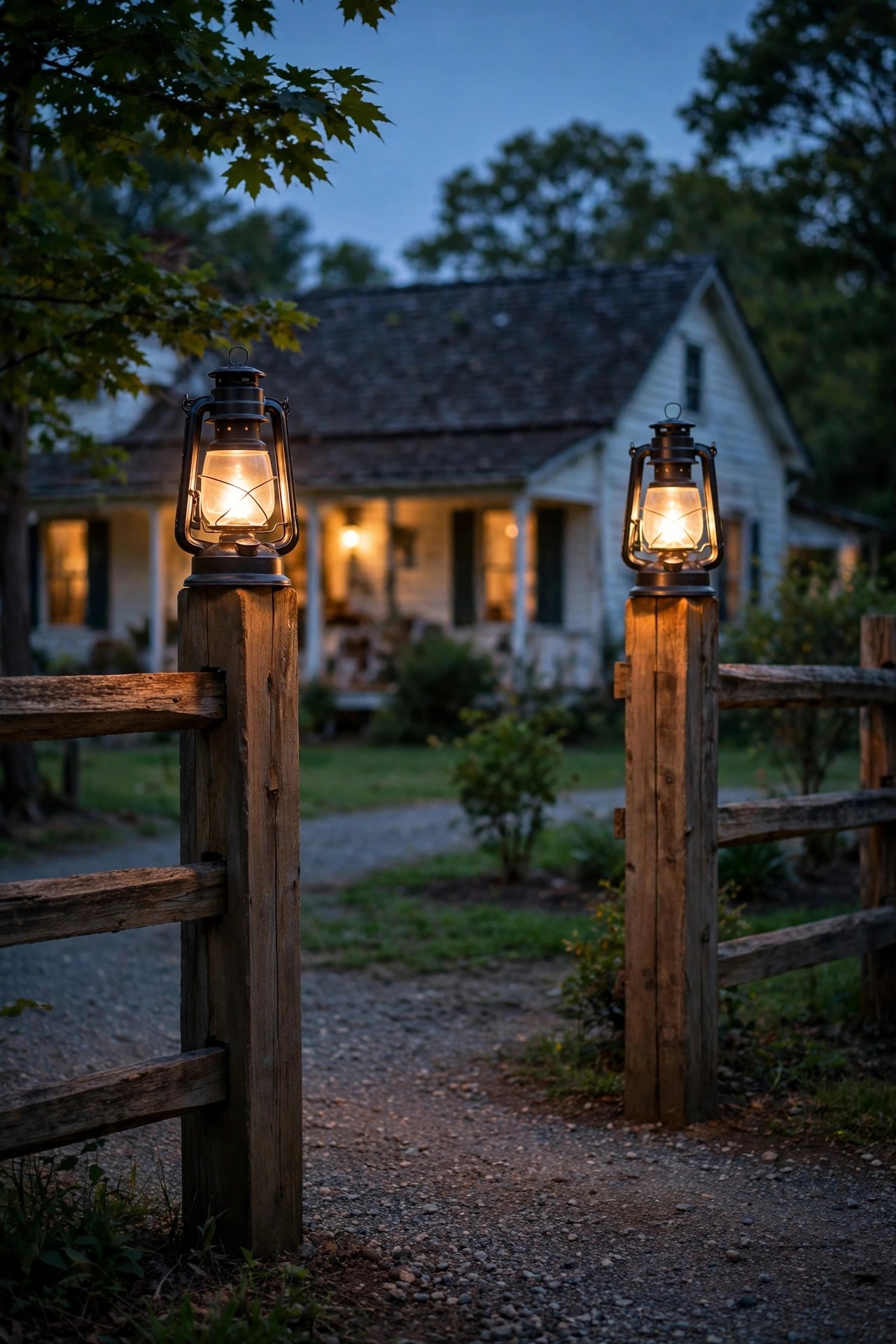 Matching lanterns glowing on wooden split-rail fence posts at a farmhouse driveway entrance