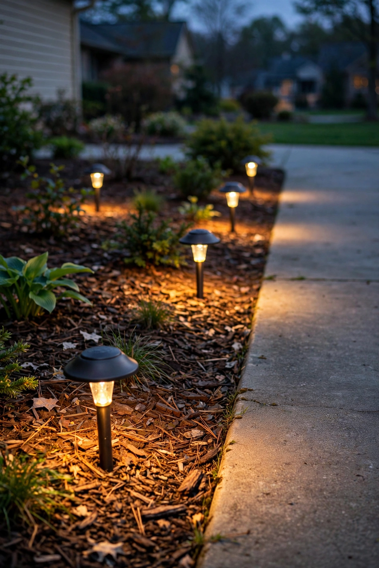 Close-up of staggered low voltage path lights placed 12 inches from walkway edge in mulched bed