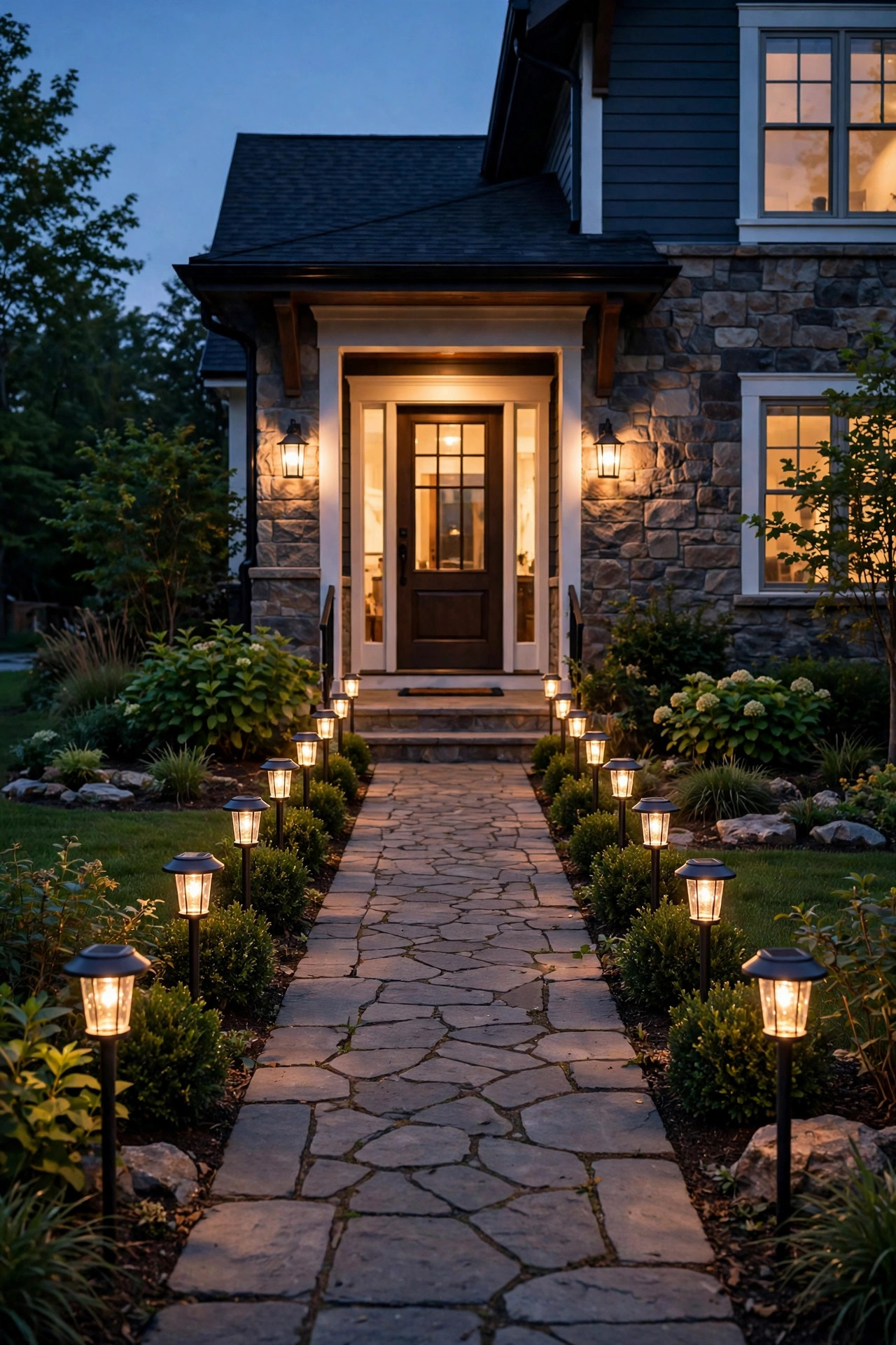 Solar stake lanterns lining both sides of a front walkway leading to a lit front door