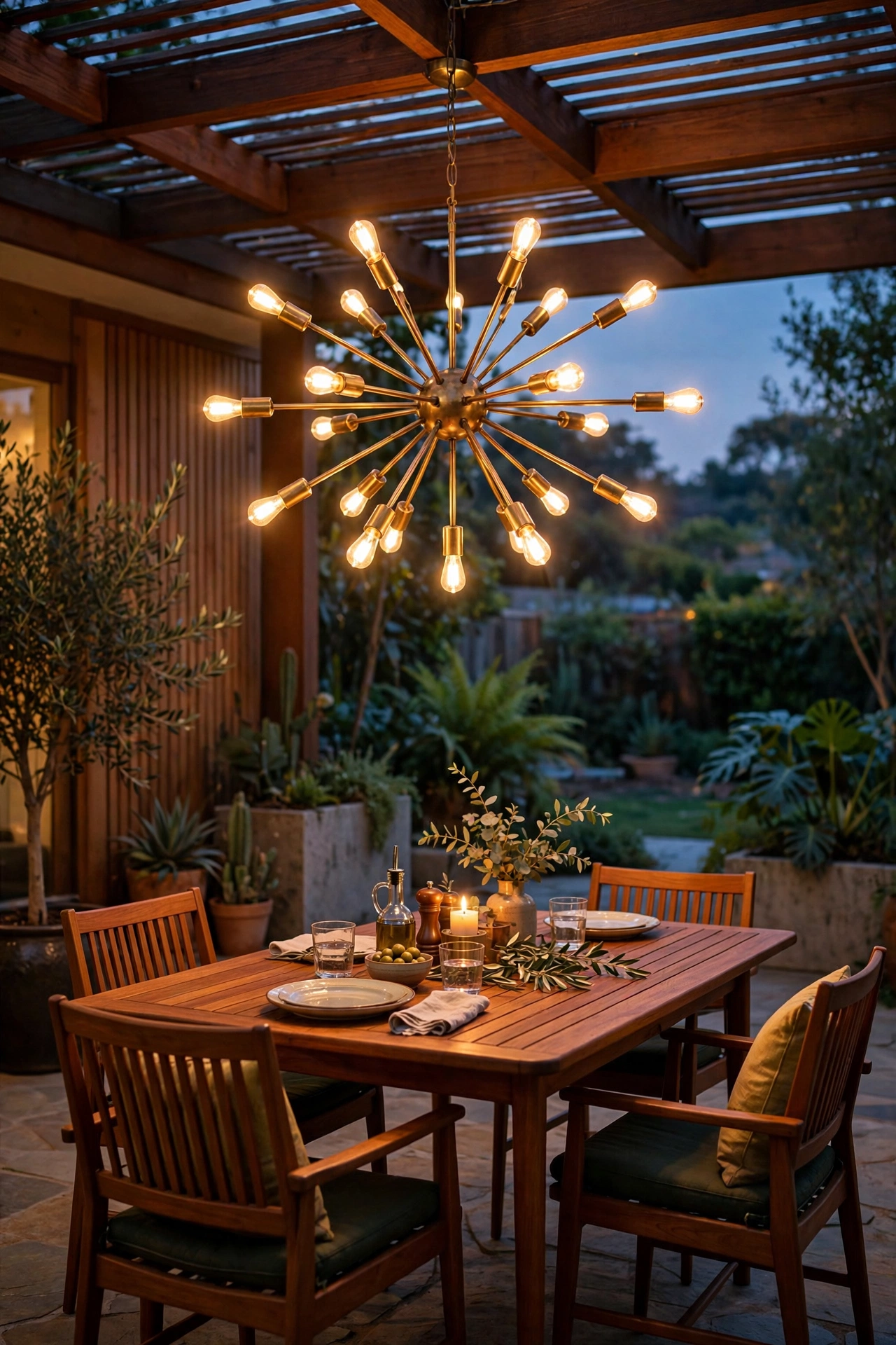 Atomic starburst chandelier with brass arms glowing over an outdoor dining table on a mid century modern patio