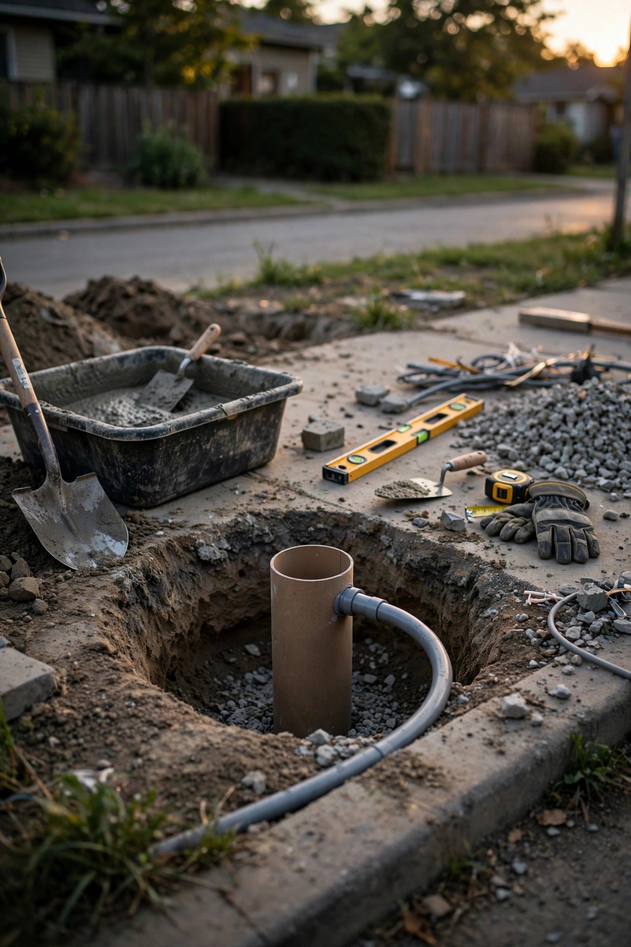 Mid-installation view of a lamp post project — open hole with tube form and conduit sweep in place, concrete mixing tub and tools nearby, late afternoon light