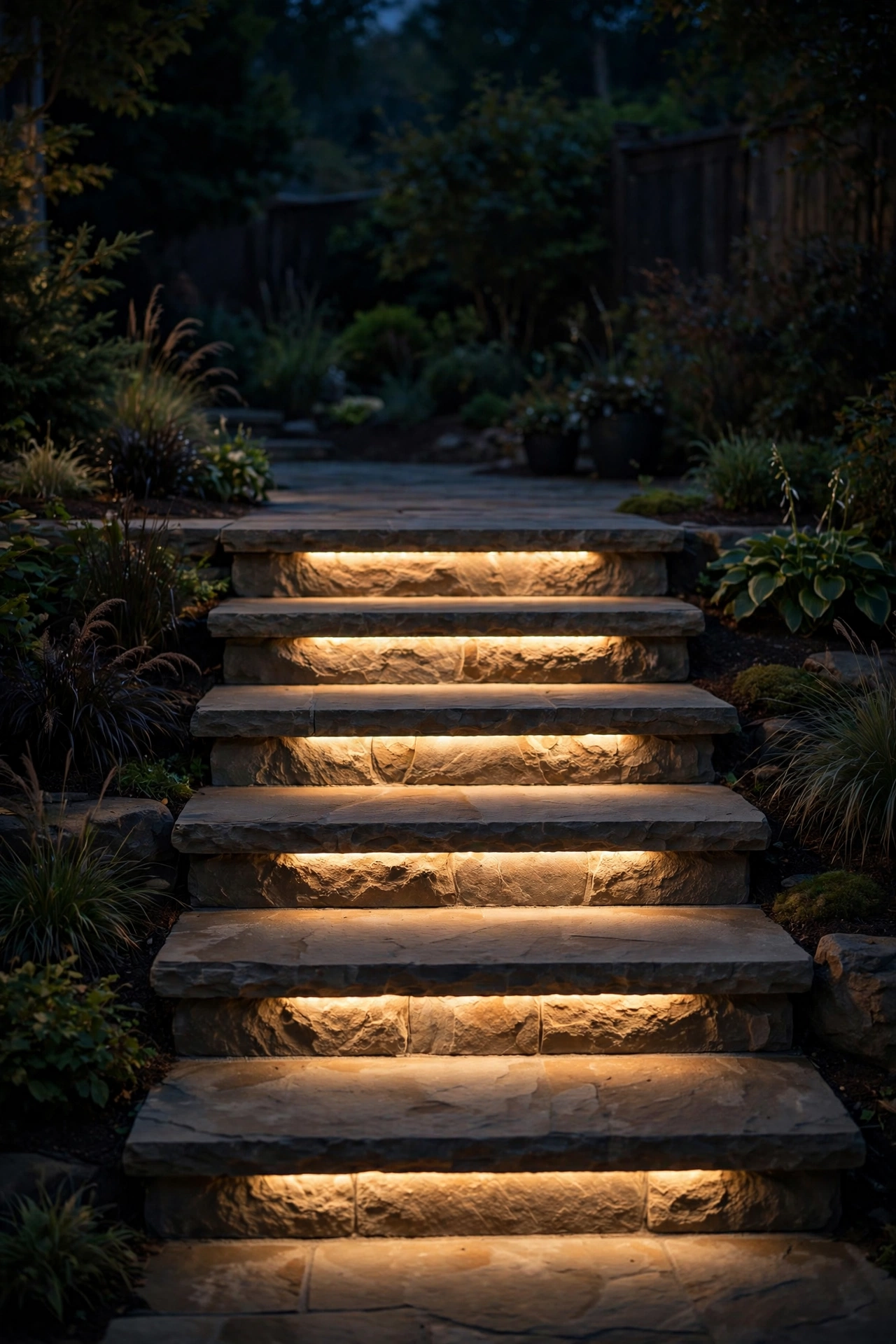 Step nose LED lights washing warm light down patio steps at night