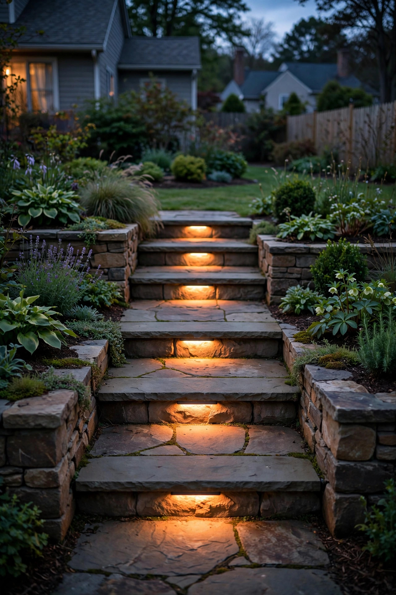 Recessed tread lights illuminating the steps of a raised garden walkway
