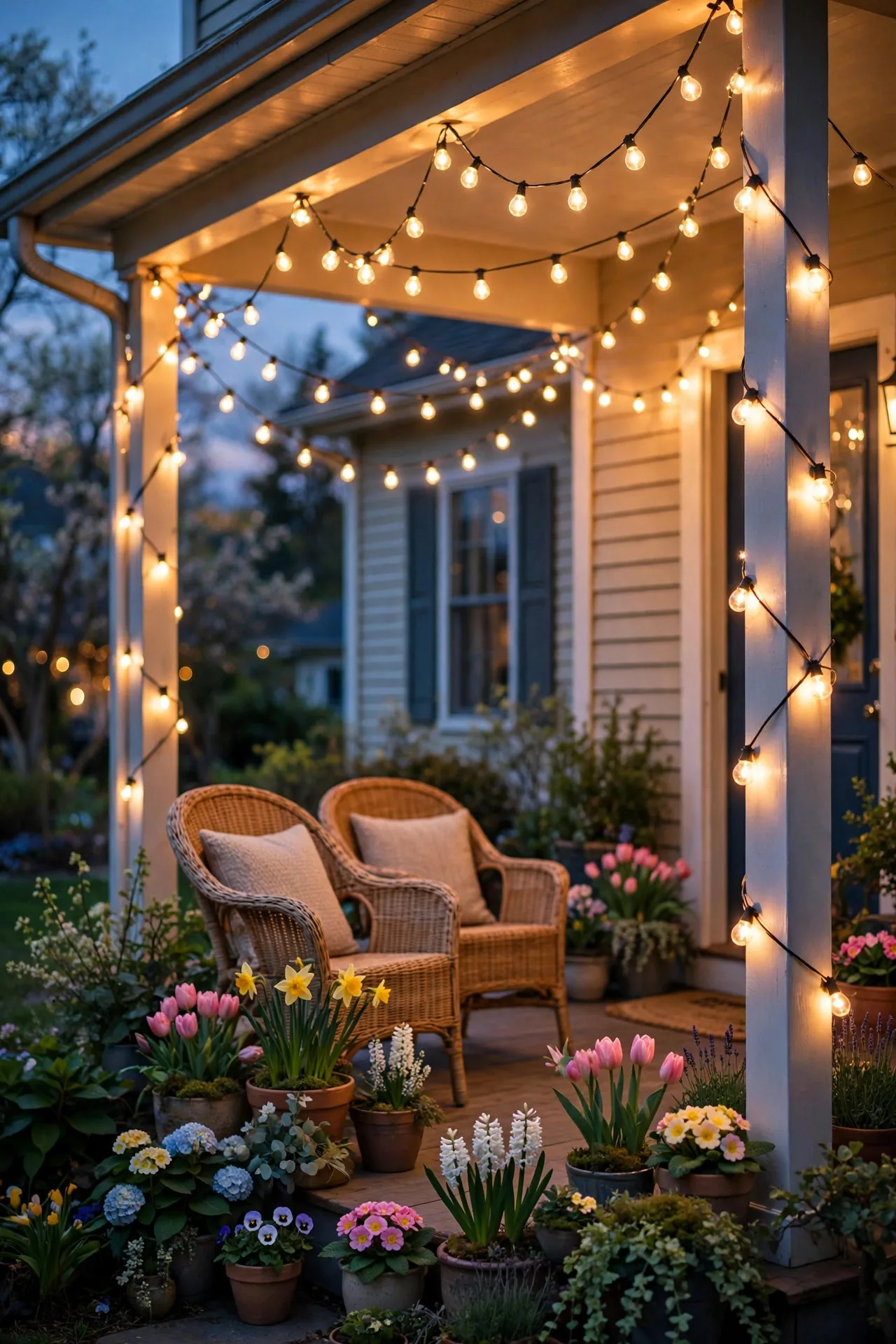 Swagged warm white string lights forming a glowing canopy over a spring porch with wicker chairs and potted flowers
