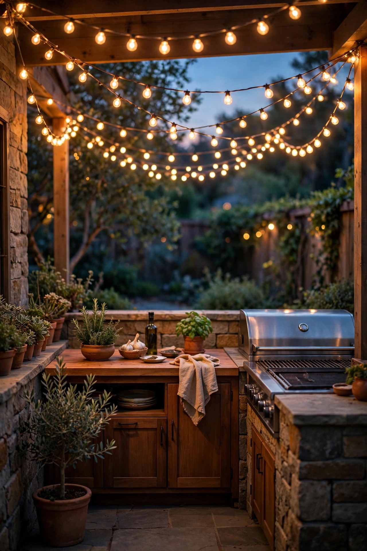 String lights swagged in a warm canopy over a small outdoor kitchen and patio