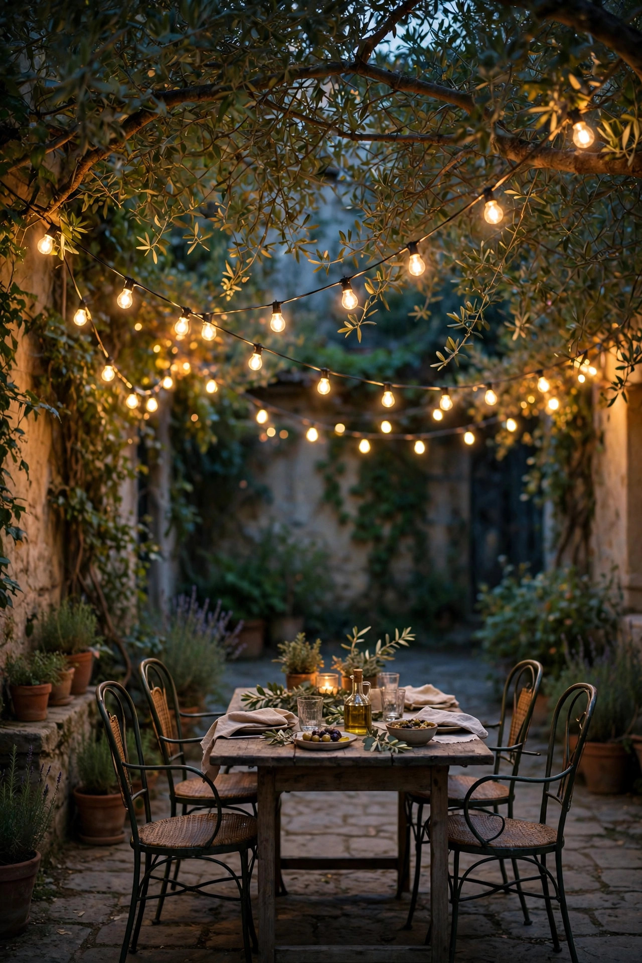 Warm string lights swagged under tree branches over a shaded courtyard dining set
