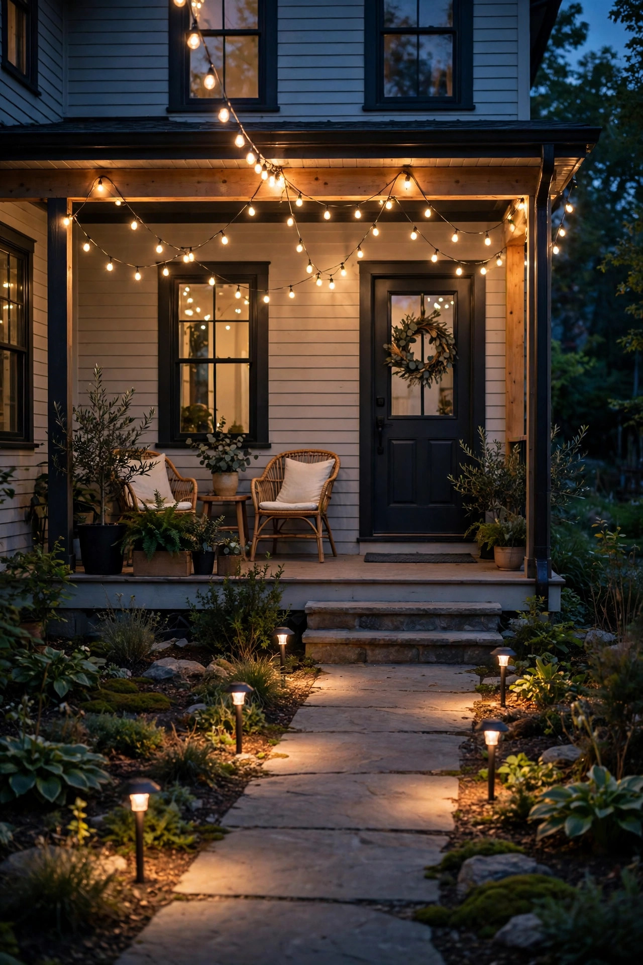 Warm string lights swagged over a front porch with small path marker lights along the walkway below