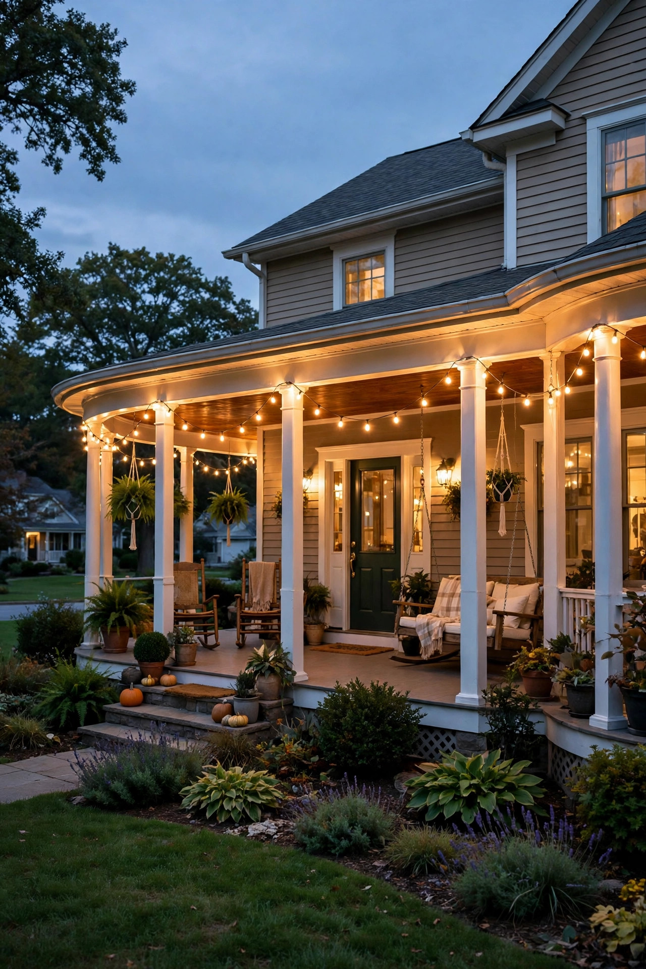 Warm string lights swagged along the full perimeter beam of a wraparound porch at twilight