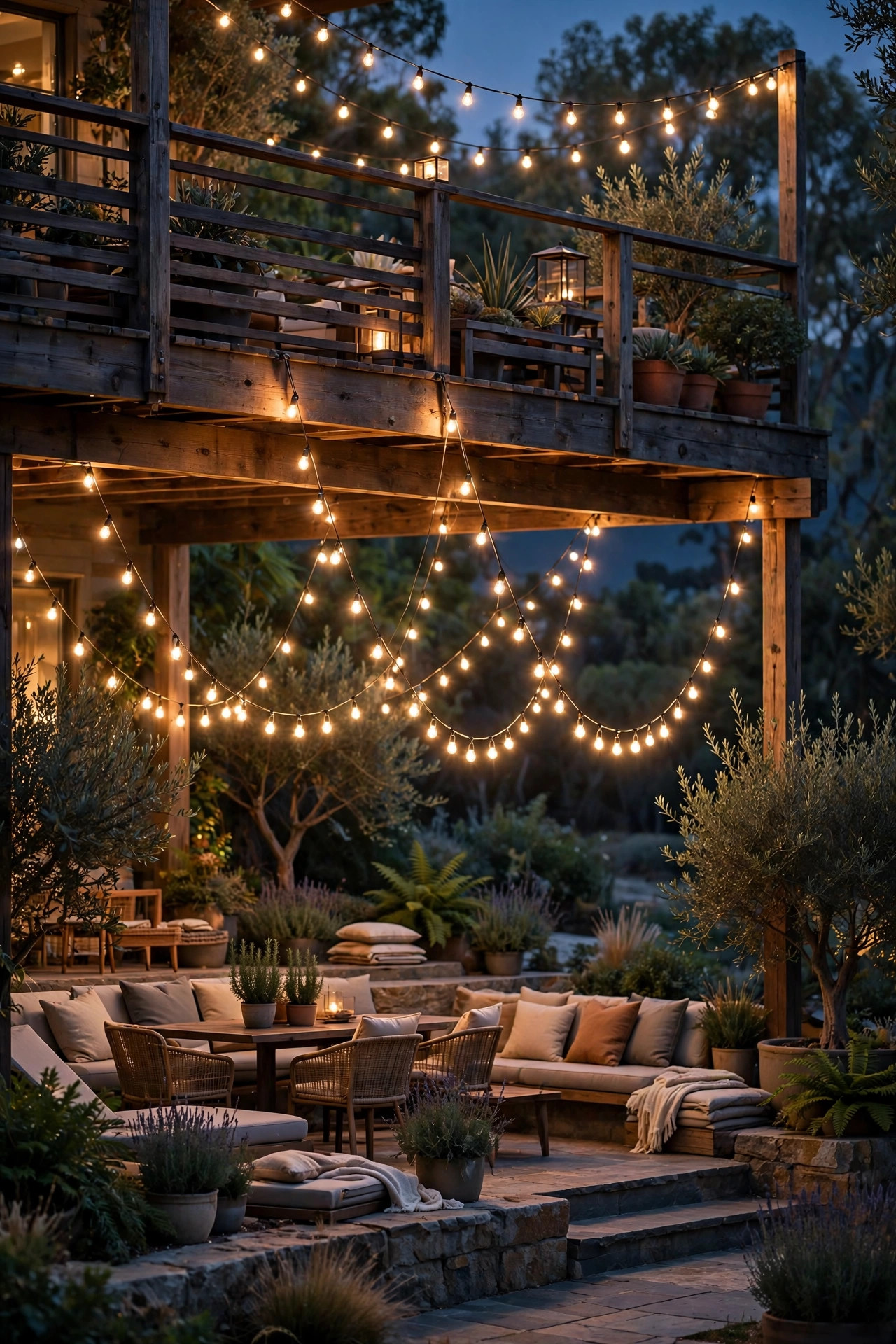 String lights swagging from an upper deck down over a lower tier seating area at night