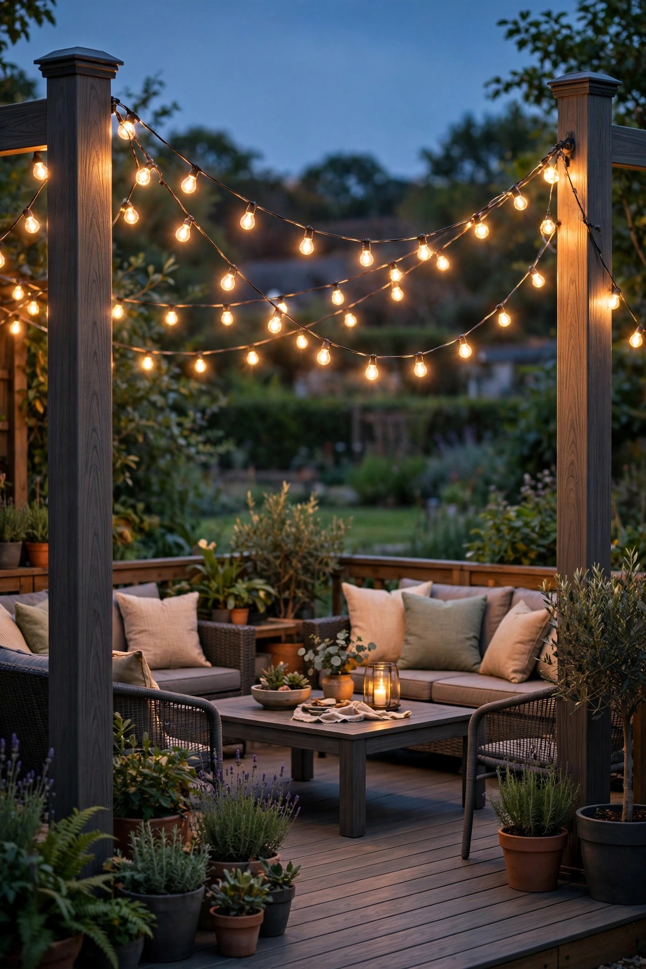 Warm string lights swagged between composite deck posts above outdoor seating at dusk