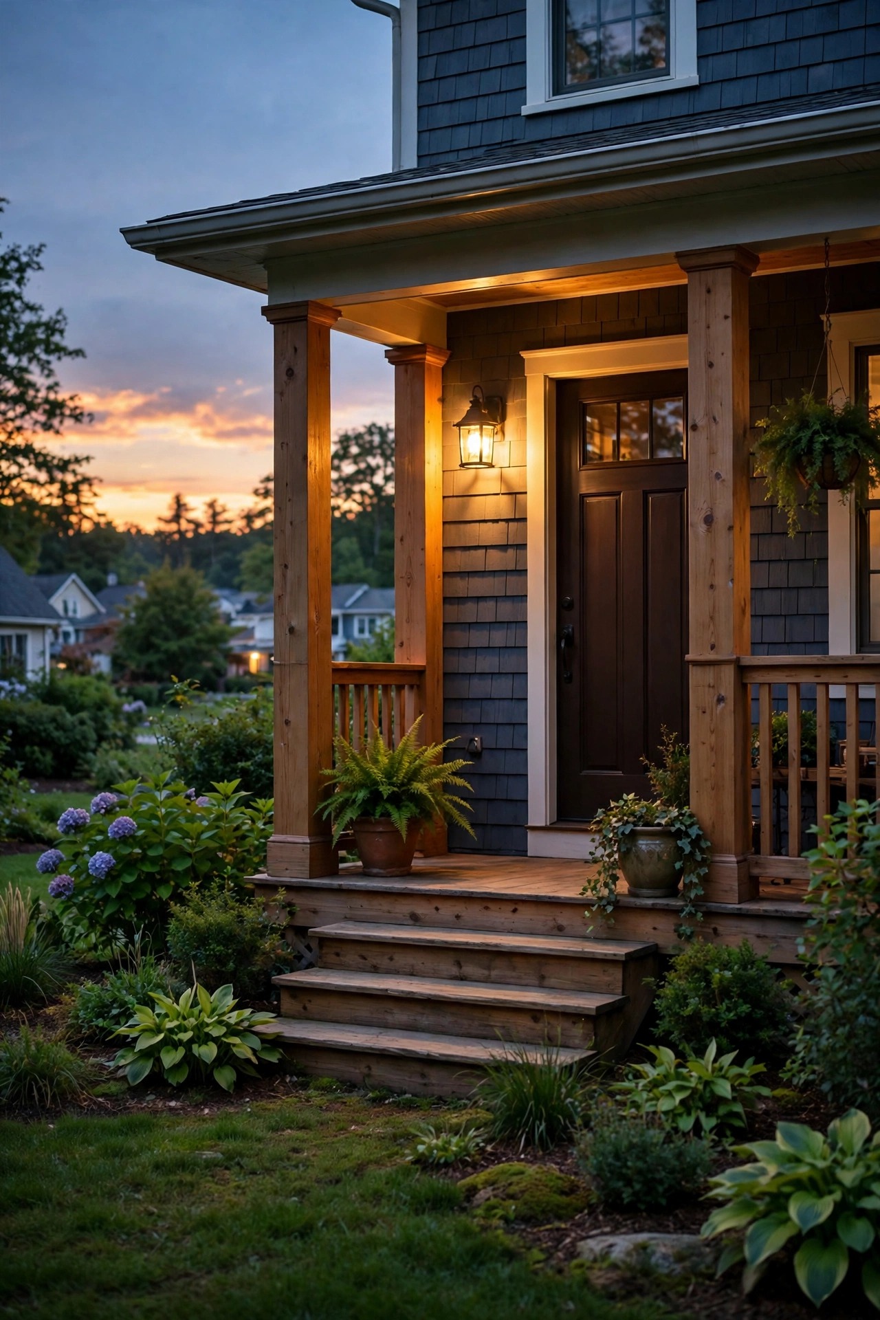 Porch light glowing at sunset, timed to come on just as dusk settles over the front yard