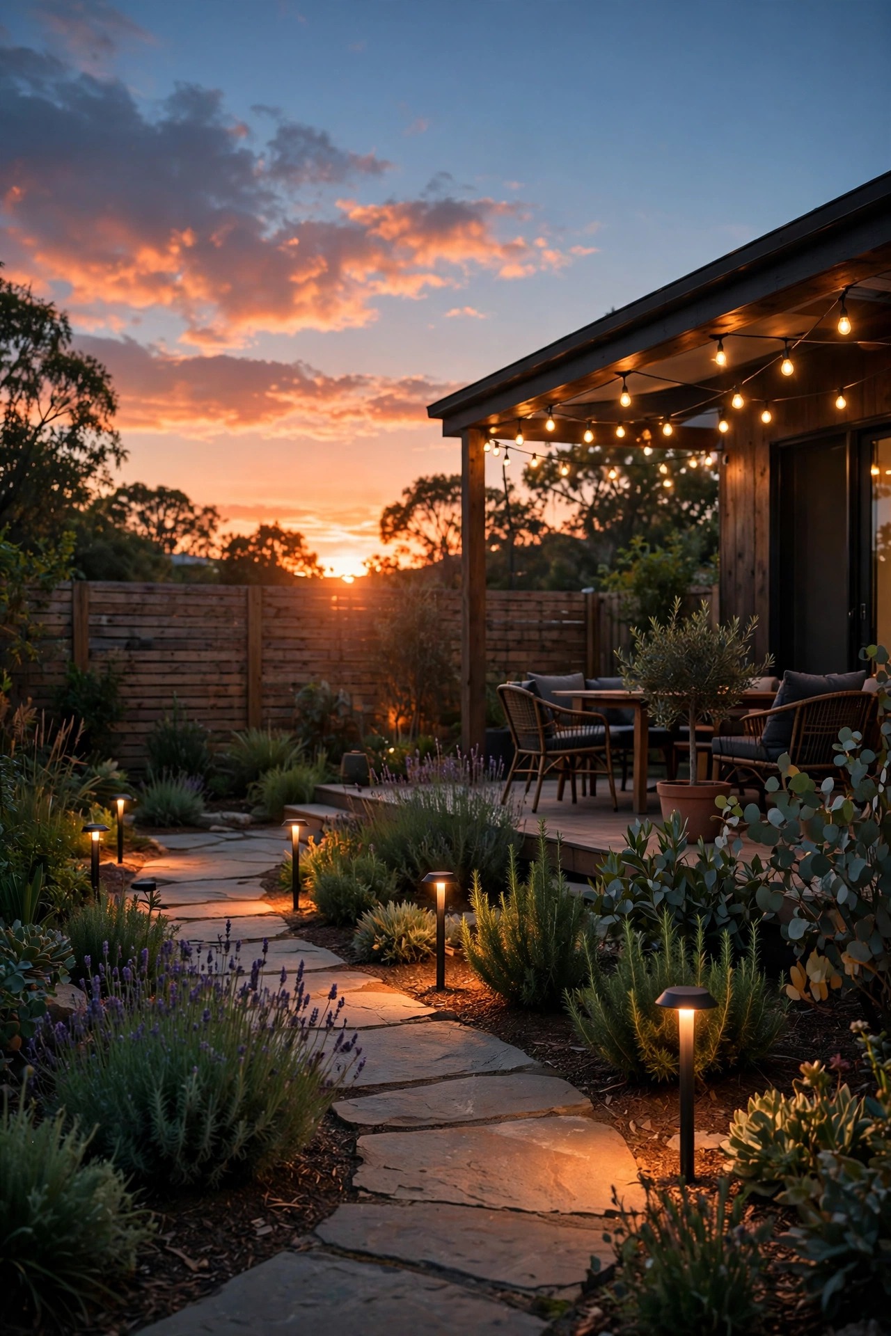 Backyard path and patio lights switching on automatically at sunset in warm smart backyard lighting