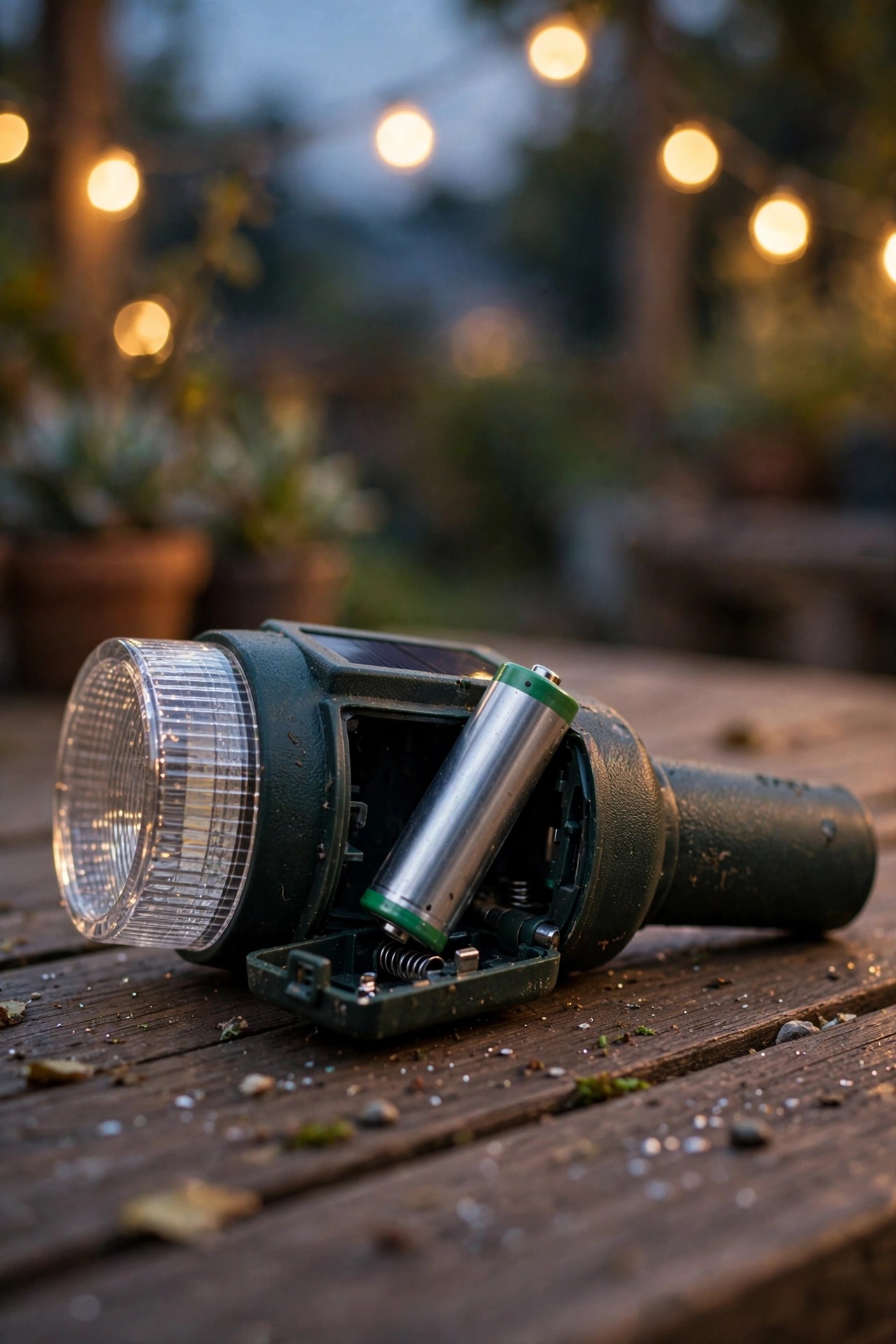 Hands swapping a fresh rechargeable battery into a solar stake light on a patio table