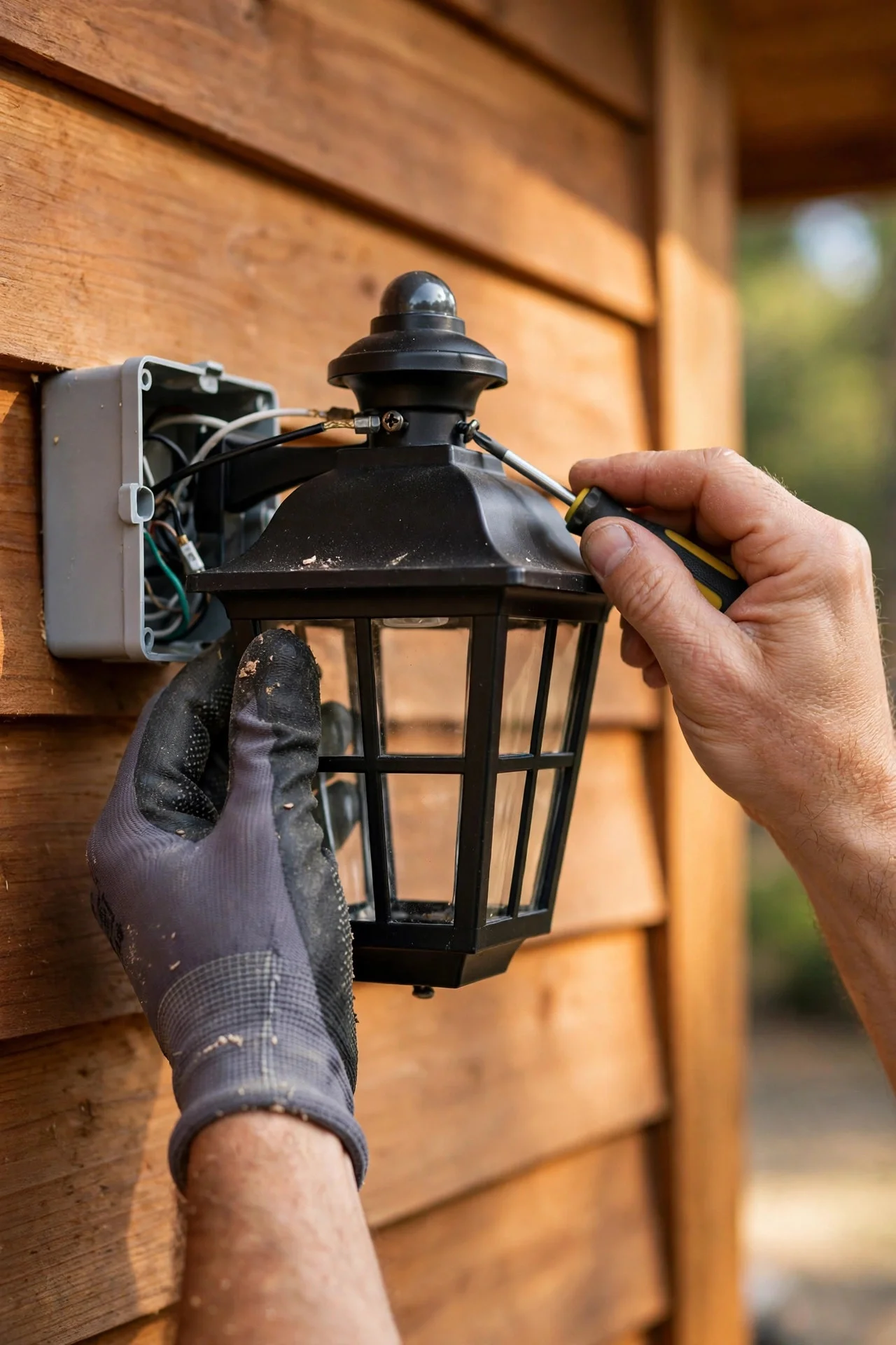Hands installing a new dusk-to-dawn wall fixture on a home exterior during daylight
