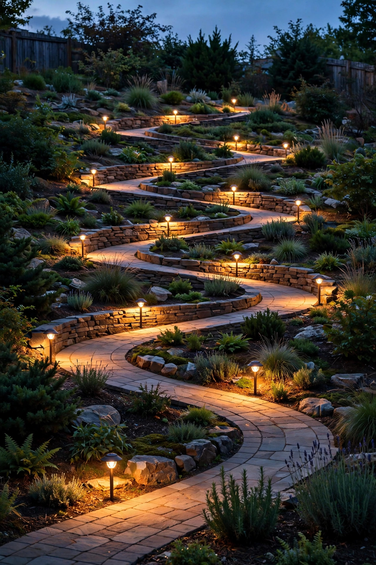 Low-voltage path lights staggered along a curving switchback path on a sloped backyard at dusk