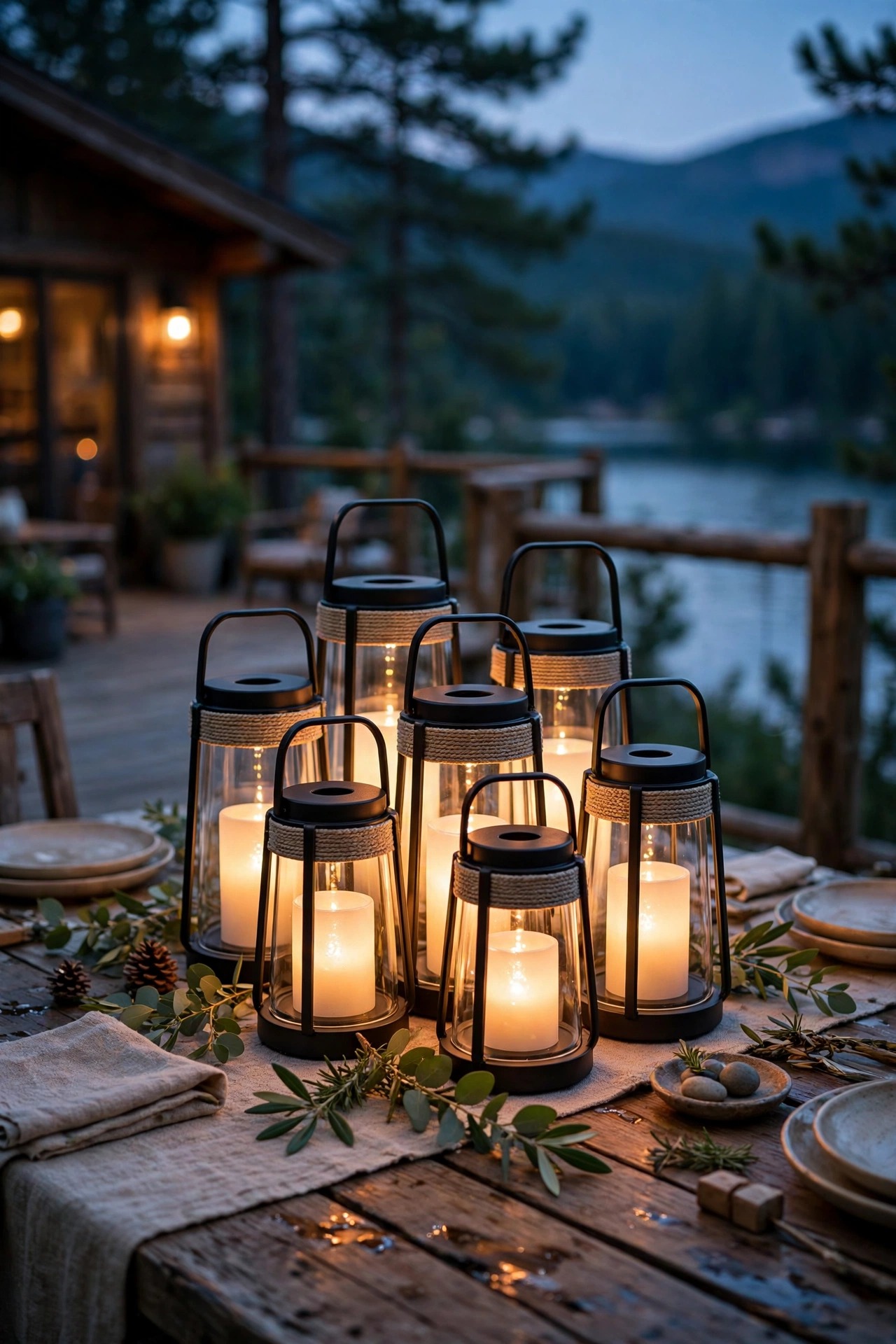Three flameless LED lanterns in mixed heights glowing on a mobile home patio table at dusk, with string lights blurred softly in the background